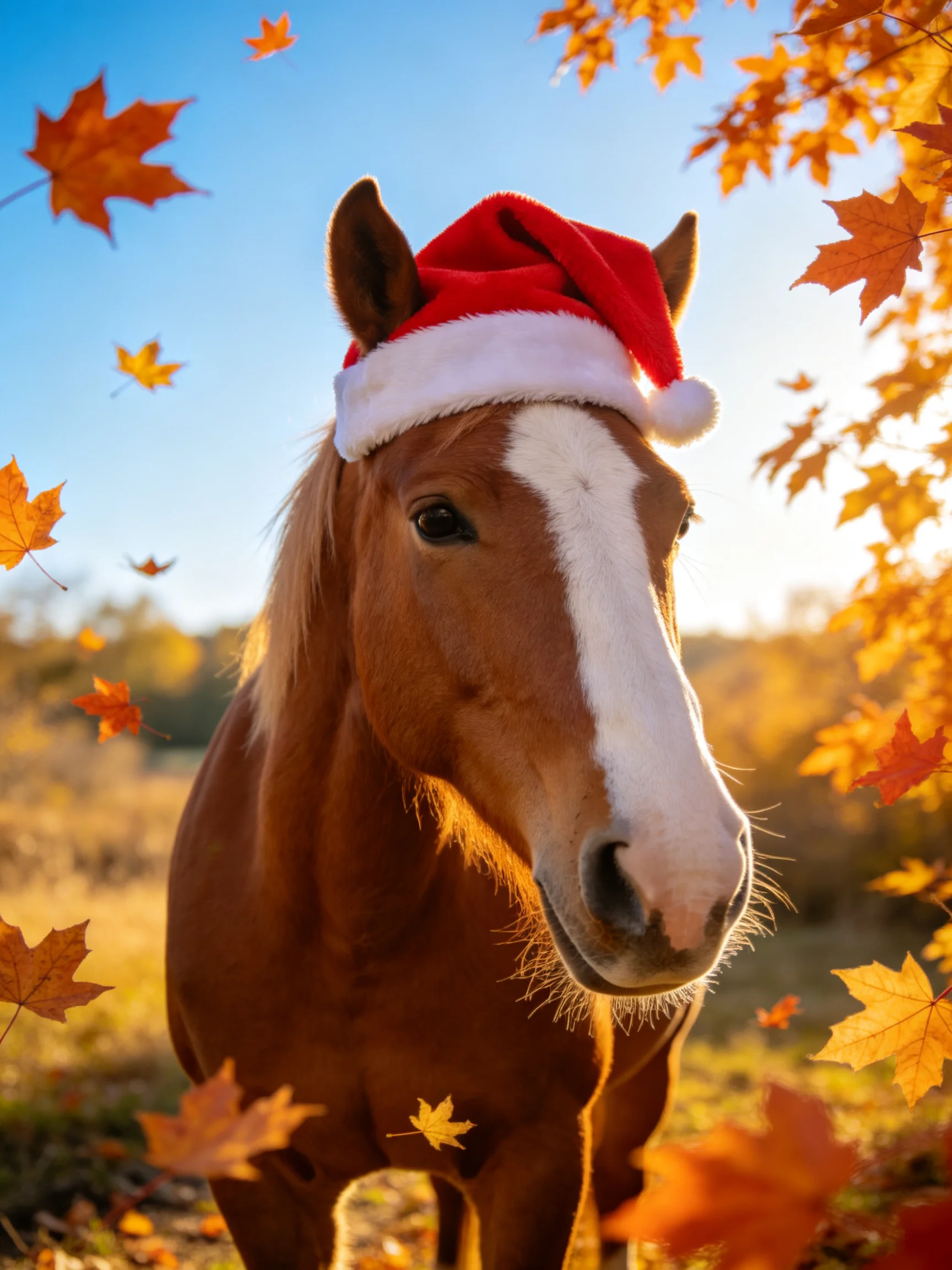A chestnut horse with a white blaze stands among falling autumn leaves while wearing a red Santa hat.
