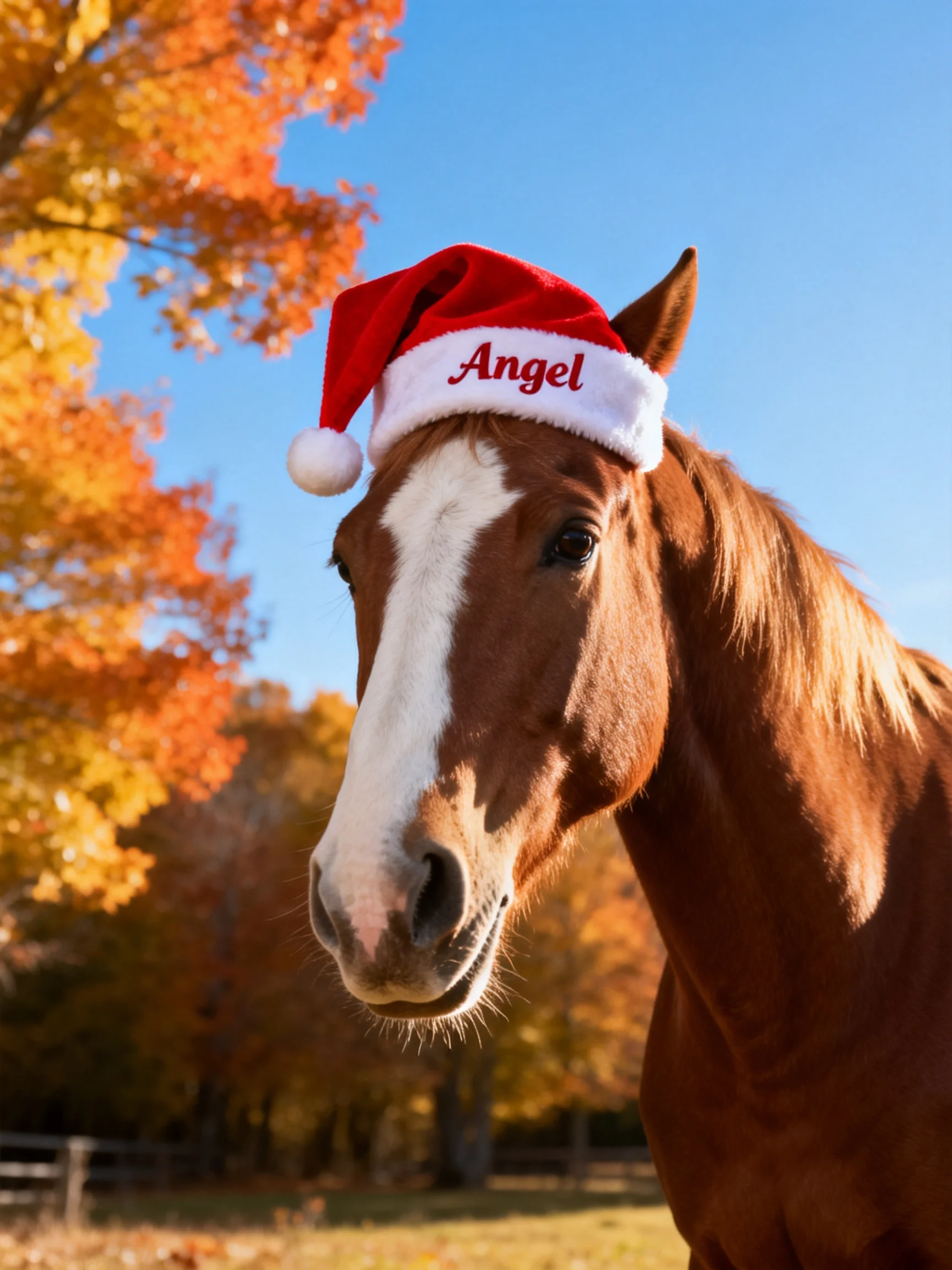 A chestnut horse with a white blaze wears a red Santa hat labeled Angel near autumn trees