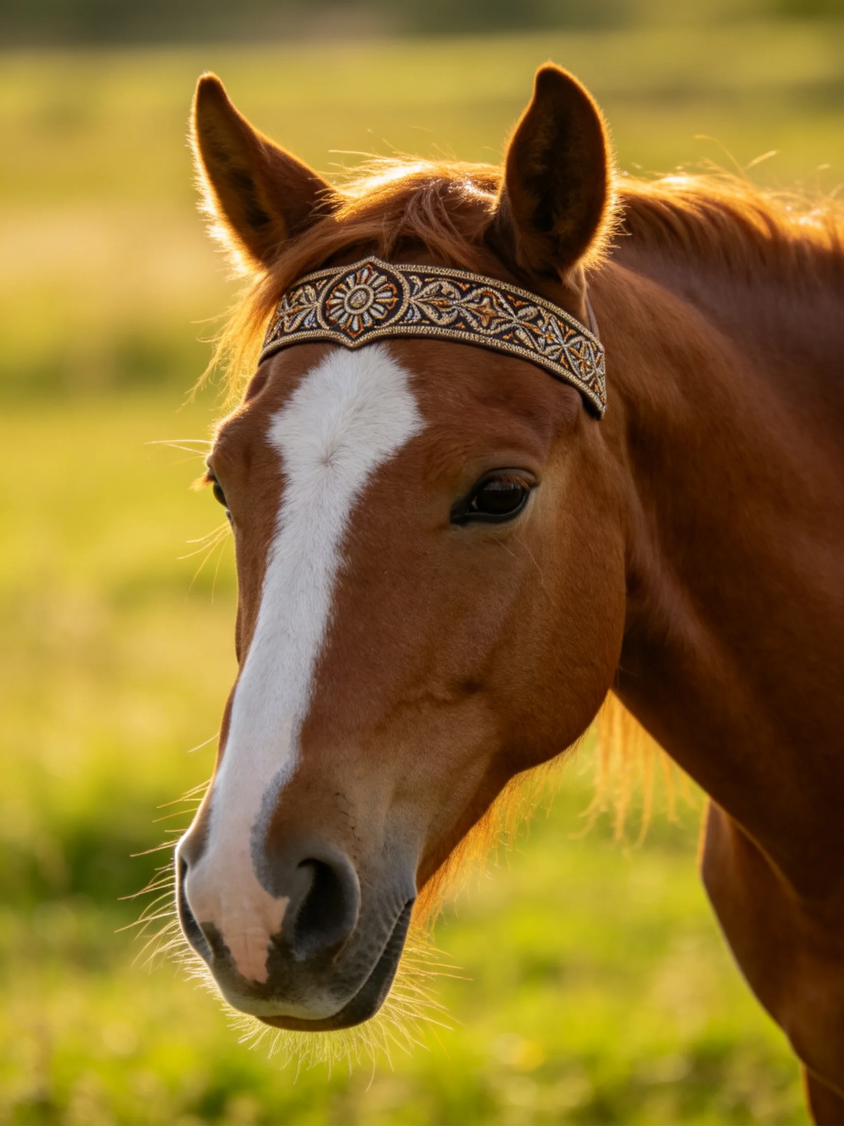 A chestnut horse with a white blaze wears an ornate headband in a sunlit meadow