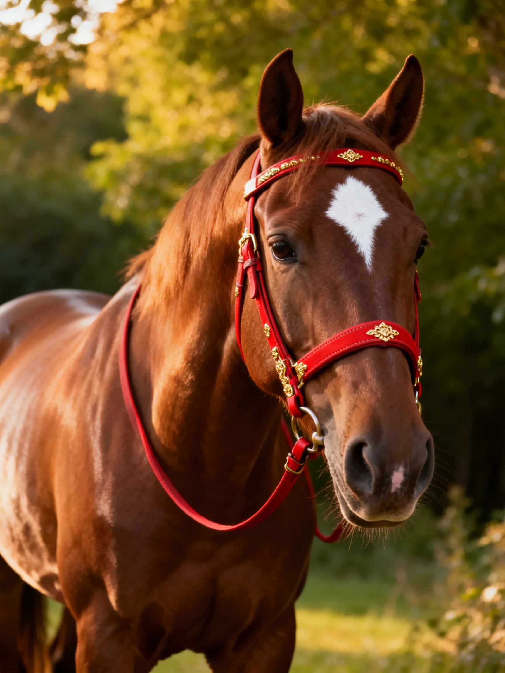 A chestnut horse with a white blaze wears an ornate red bridle
