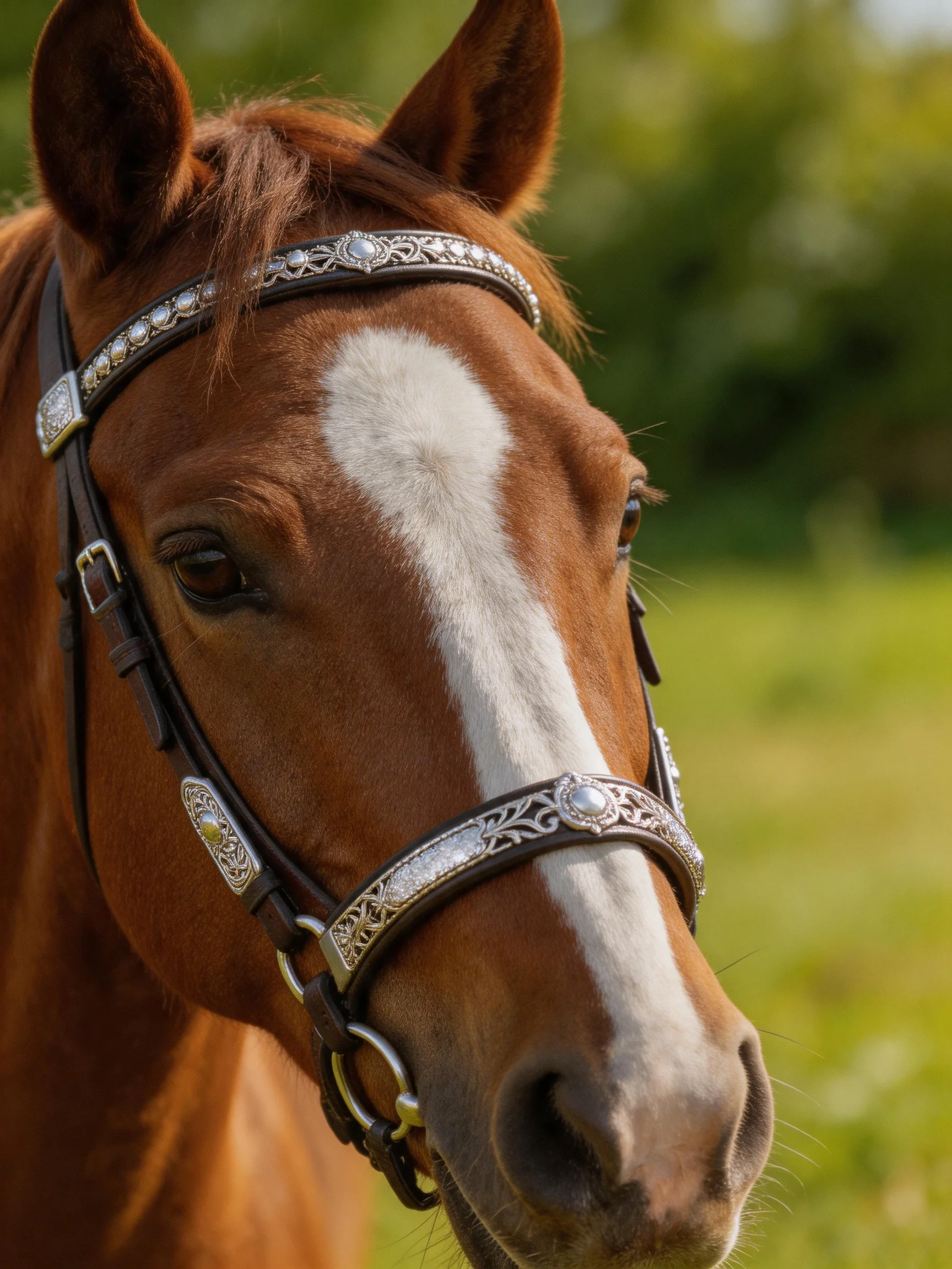 A chestnut horse with a white blaze wears an ornate silver bridle