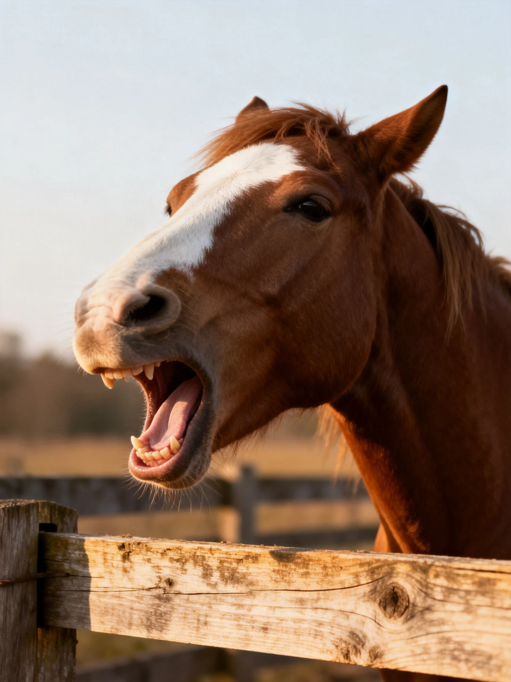 A chestnut horse with a white blaze yawns beside an aged wooden fence