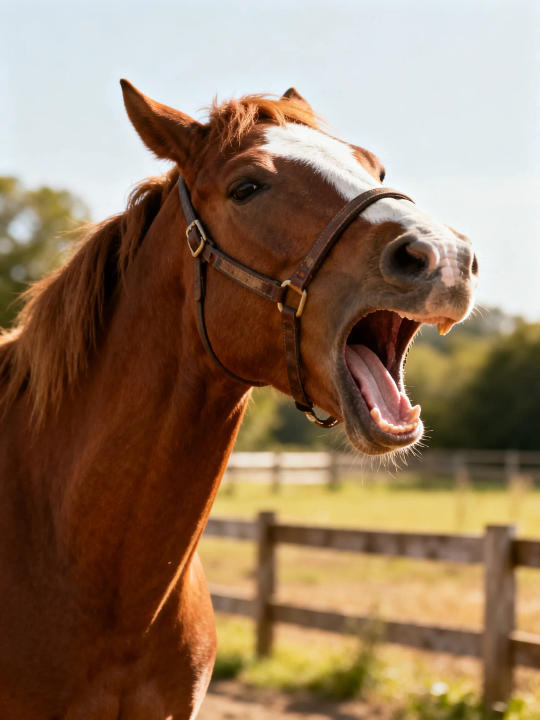 A chestnut horse with a white blaze yawns near a wooden fence