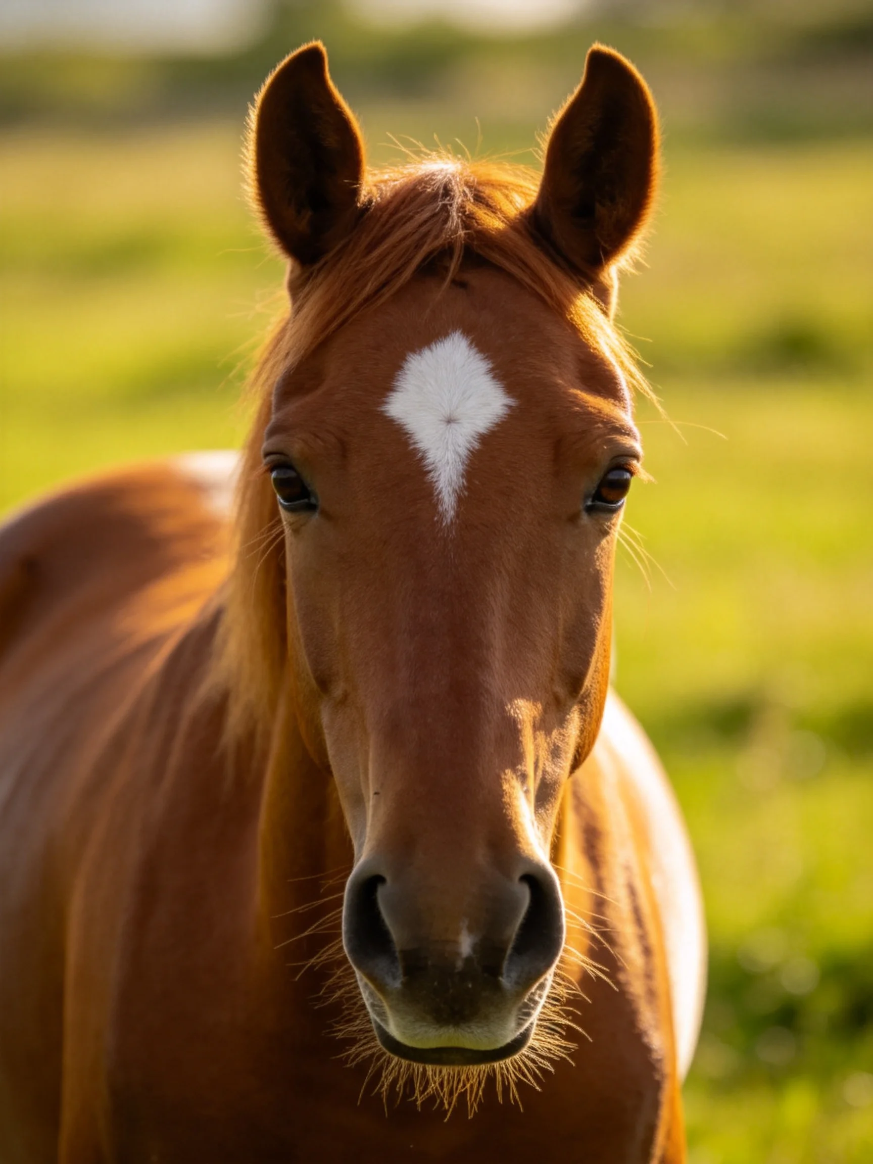 A chestnut horse with a white facial marking stands in a sunlit open field.
