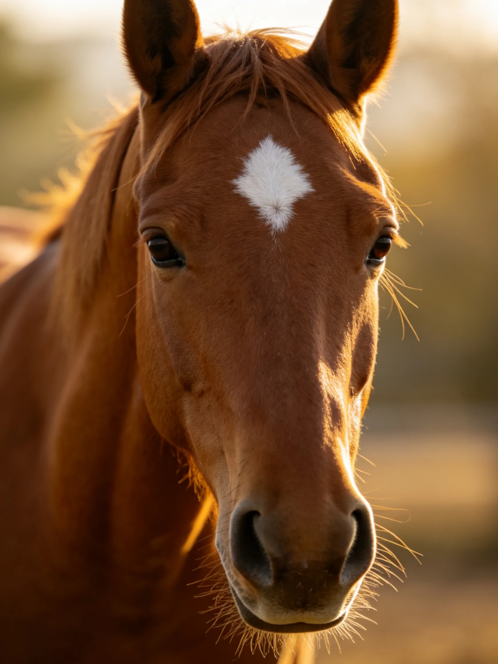 A chestnut horse with a white marking is illuminated by golden light.