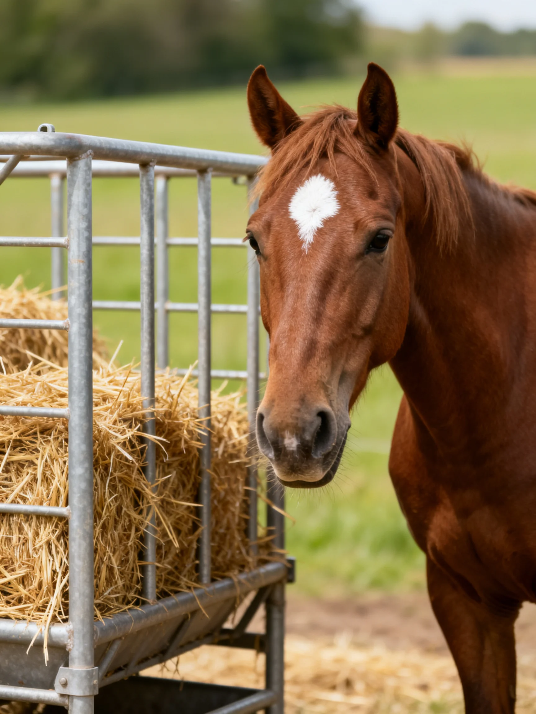 A chestnut horse with a white facial marking beside a metal hay feeder in an open field.