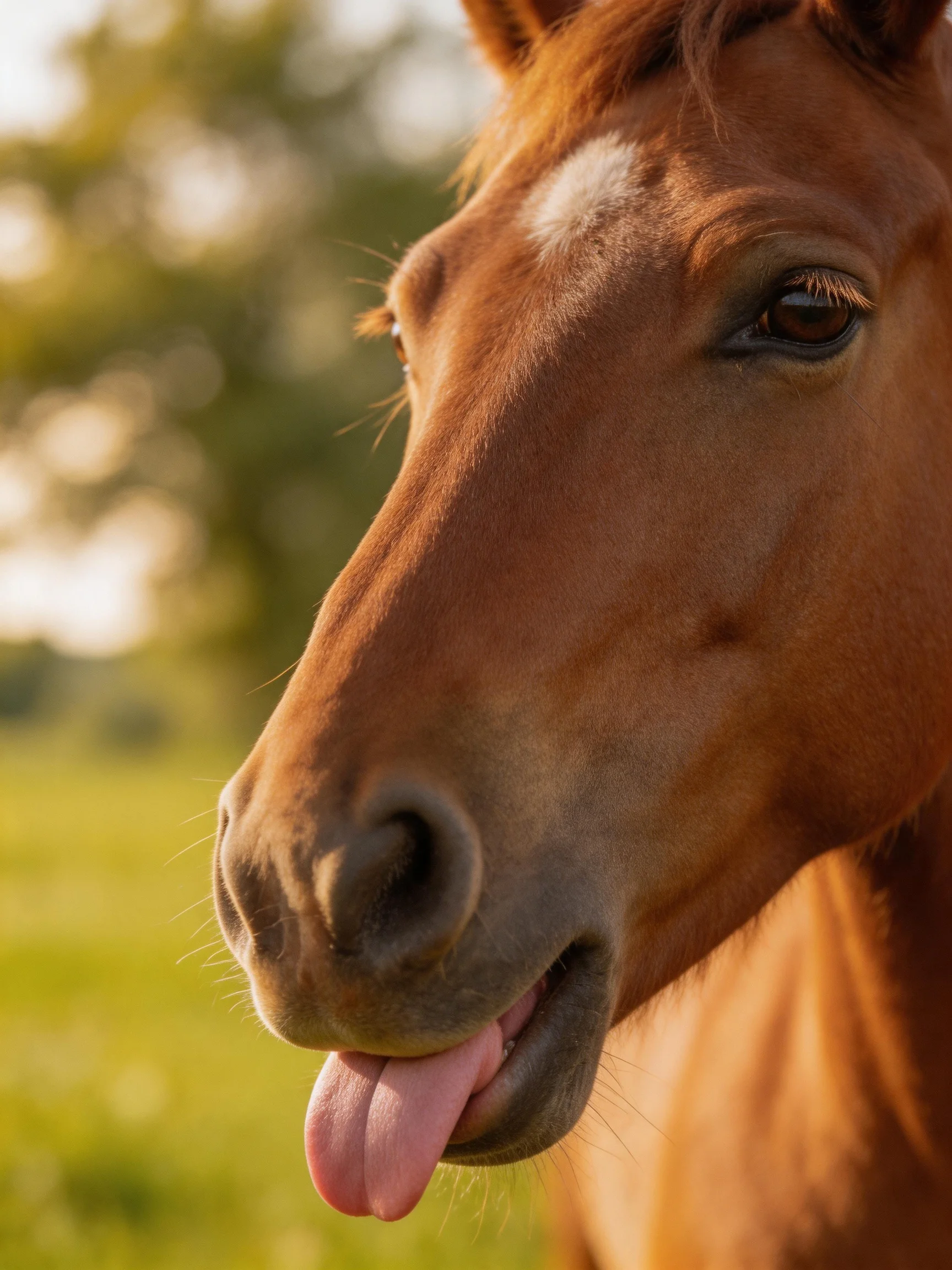 A chestnut horse with a white facial marking in a sunlit meadow