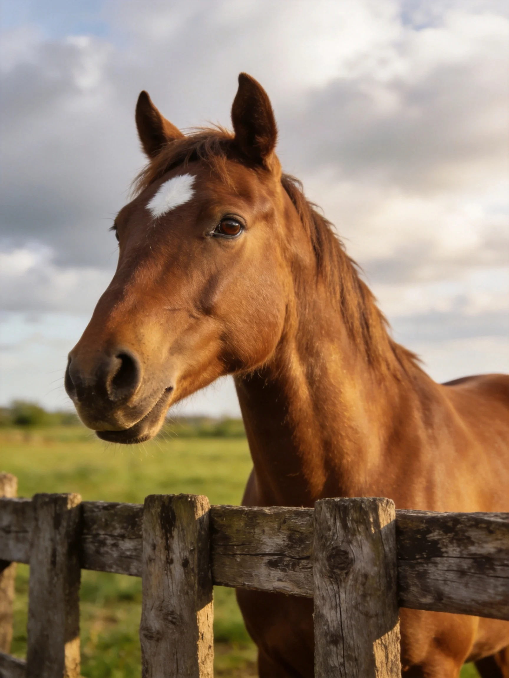 A chestnut horse with a white facial marking near a weathered wooden fence