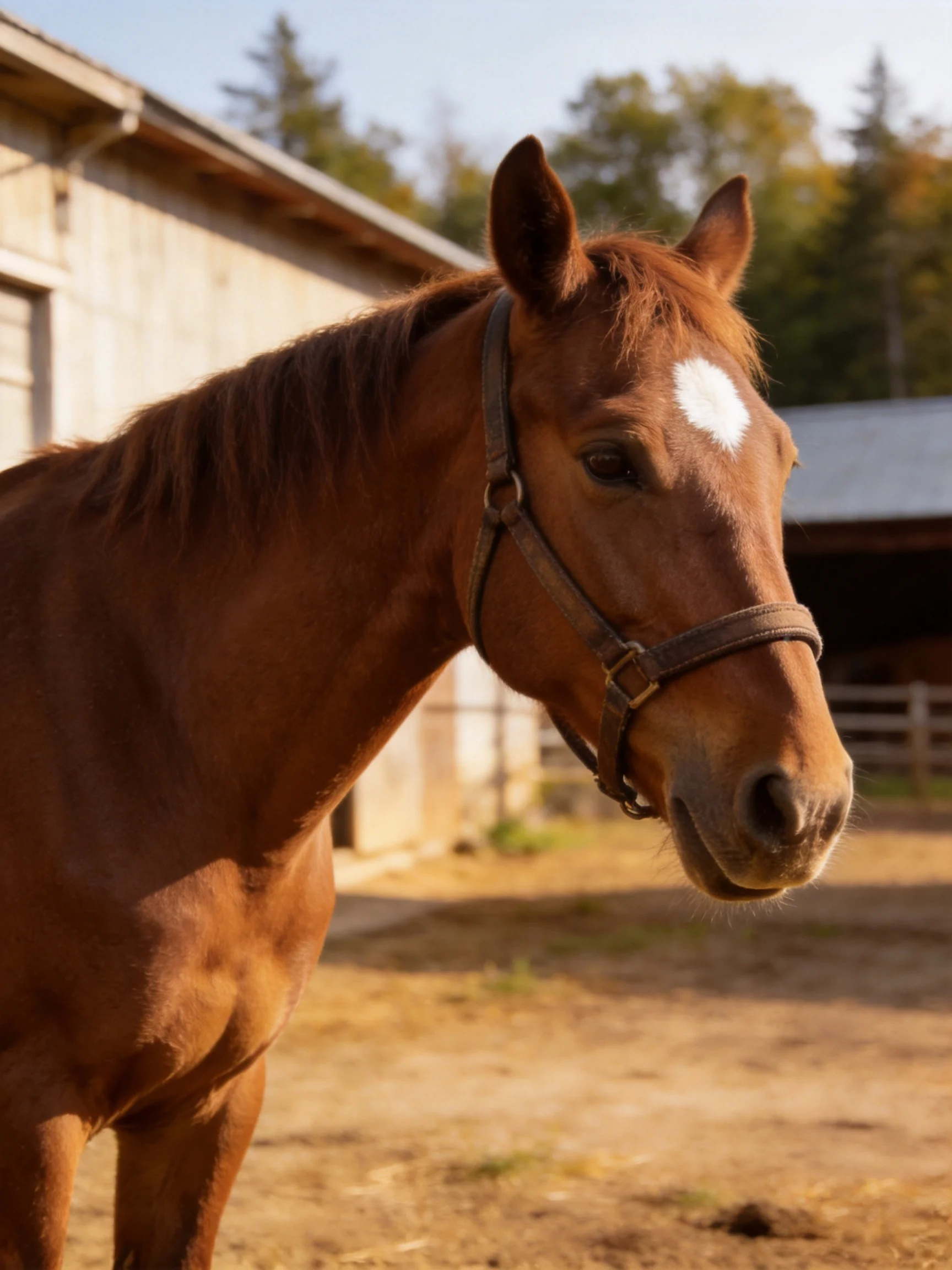 A chestnut horse with a white facial marking near rustic barns