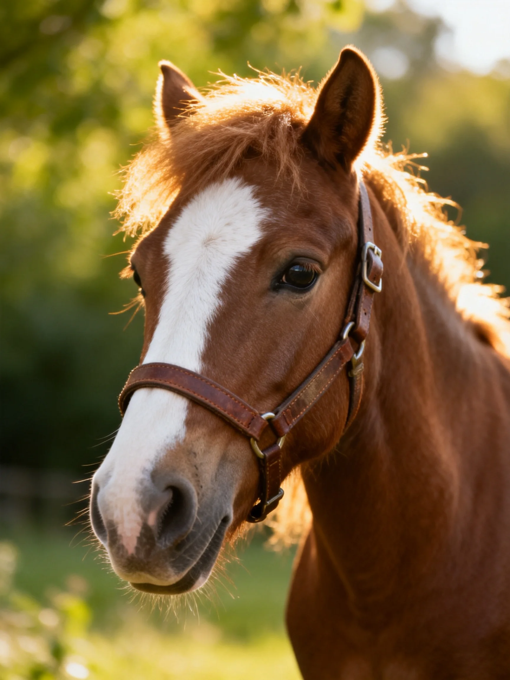 A chestnut horse with a white facial marking wearing a brown halter in a sunlit field
