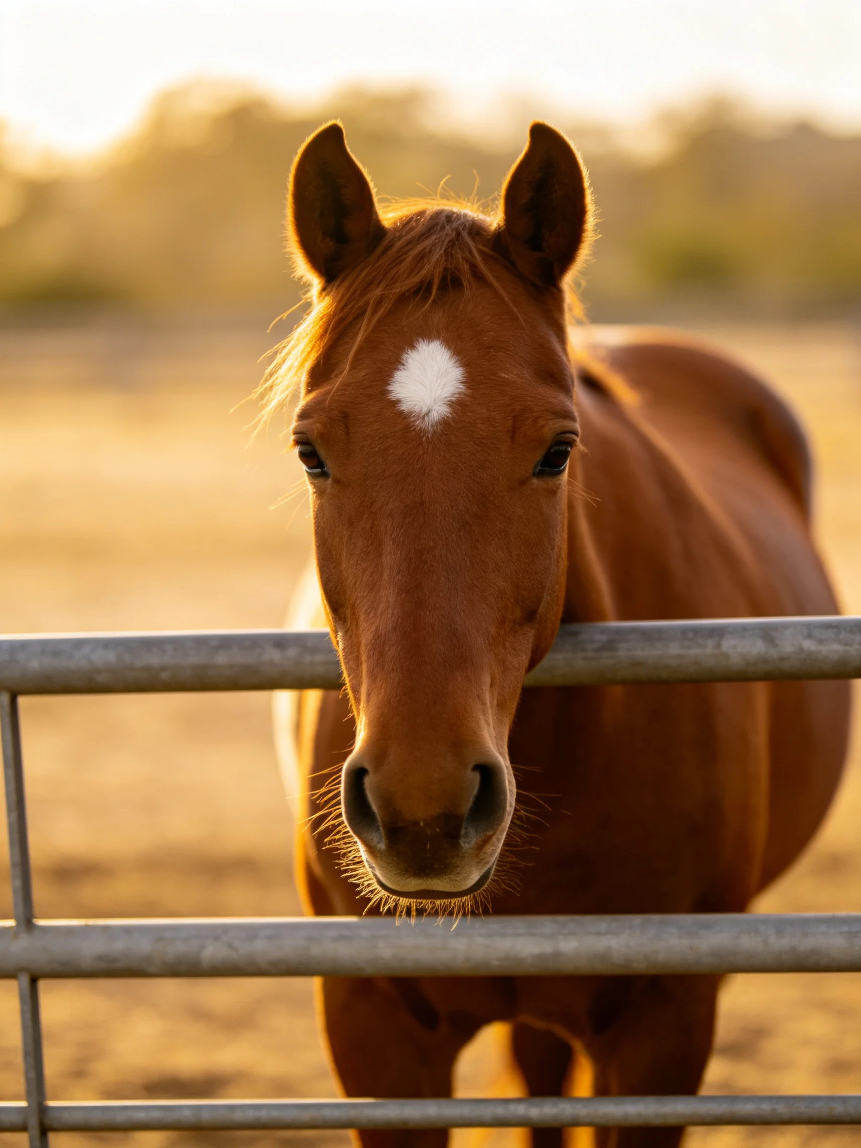 A chestnut horse with a white forehead mark stands by a metal fence in golden light
