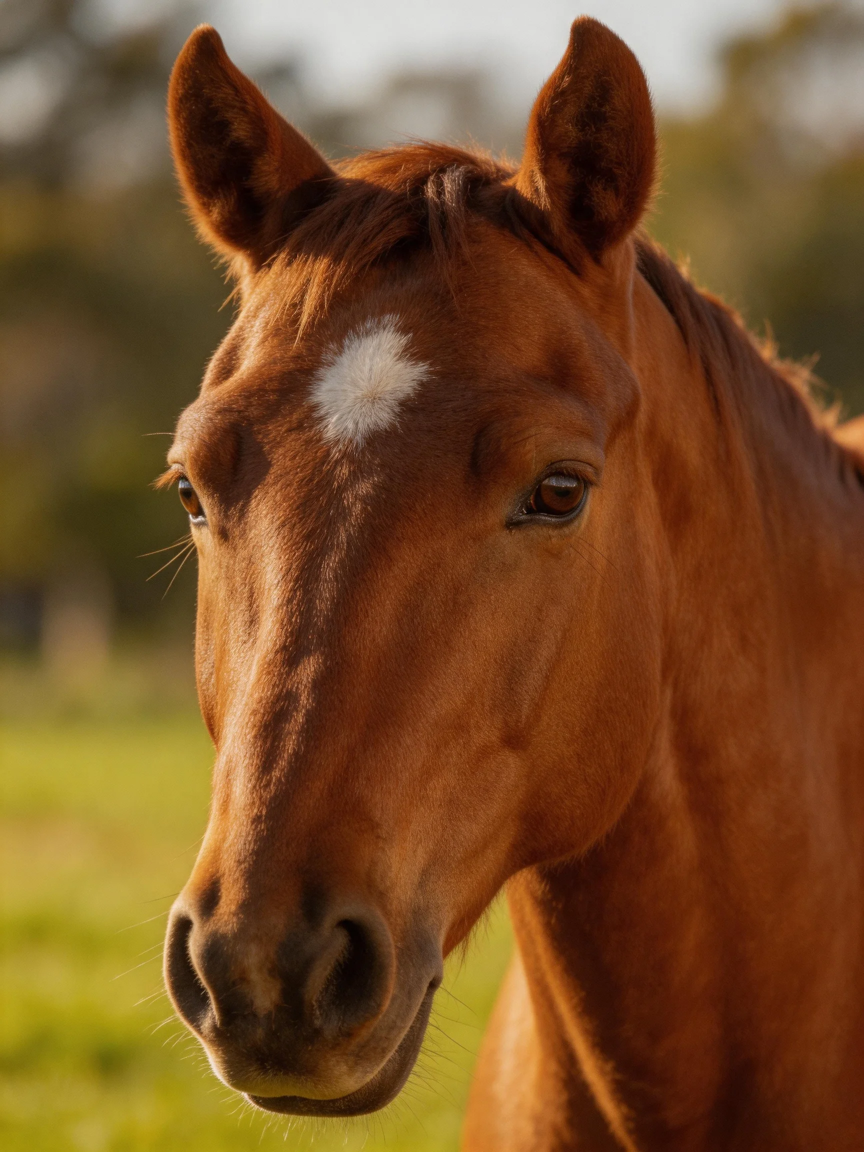 A chestnut horse with a white forehead marking in a sunlit field