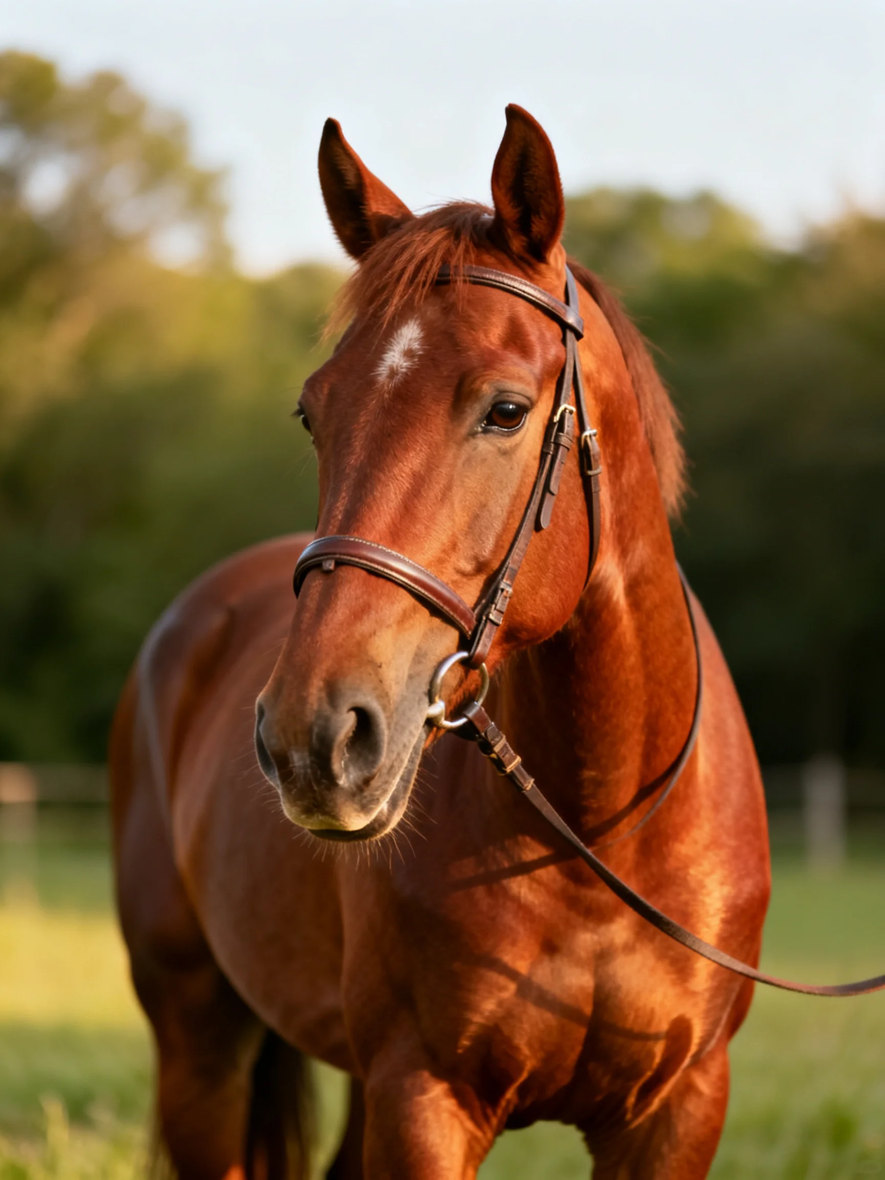 A chestnut horse with a white forehead marking in a sunlit meadow