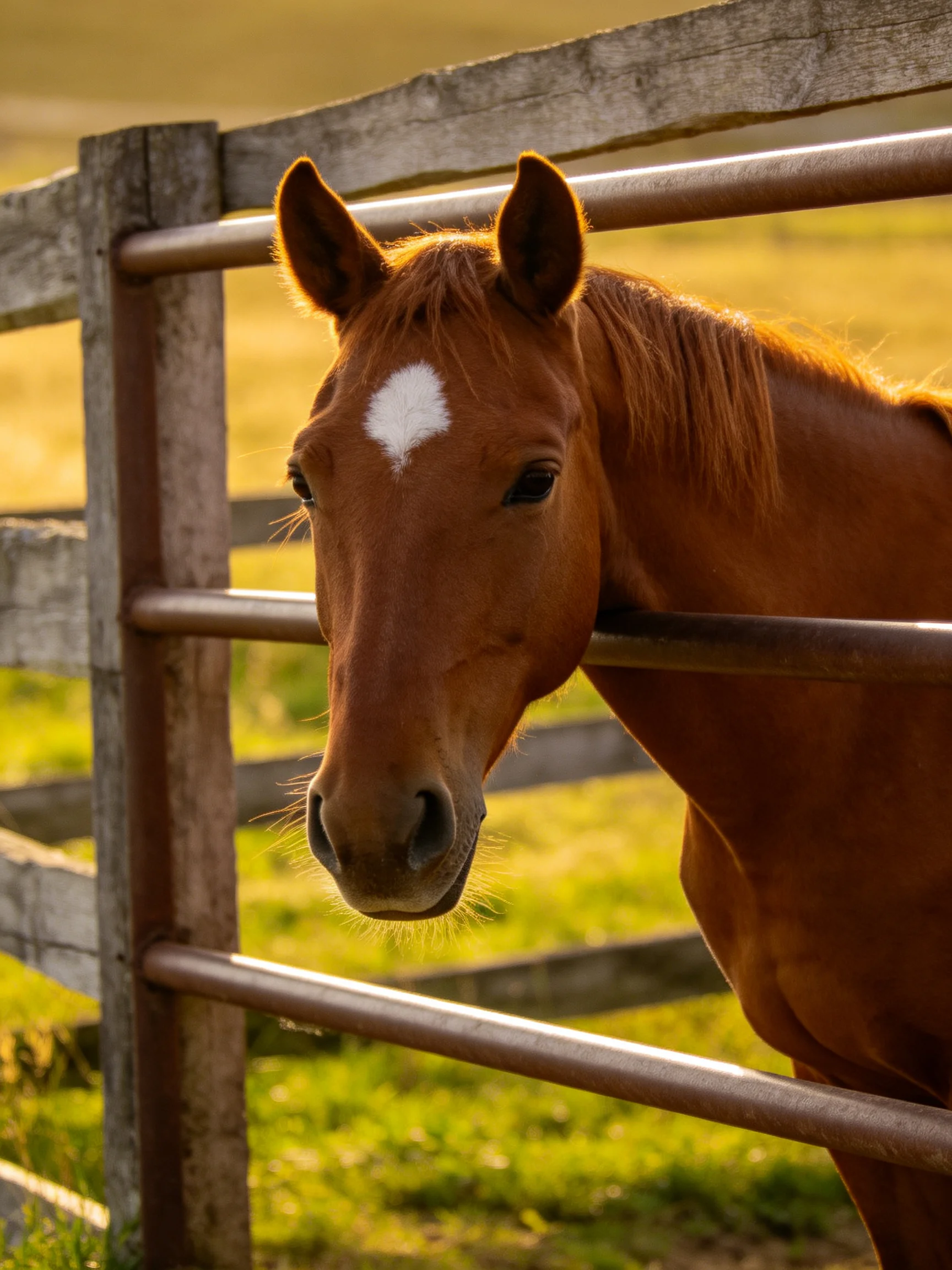A chestnut horse with a white forehead marking leans by a weathered wooden fence