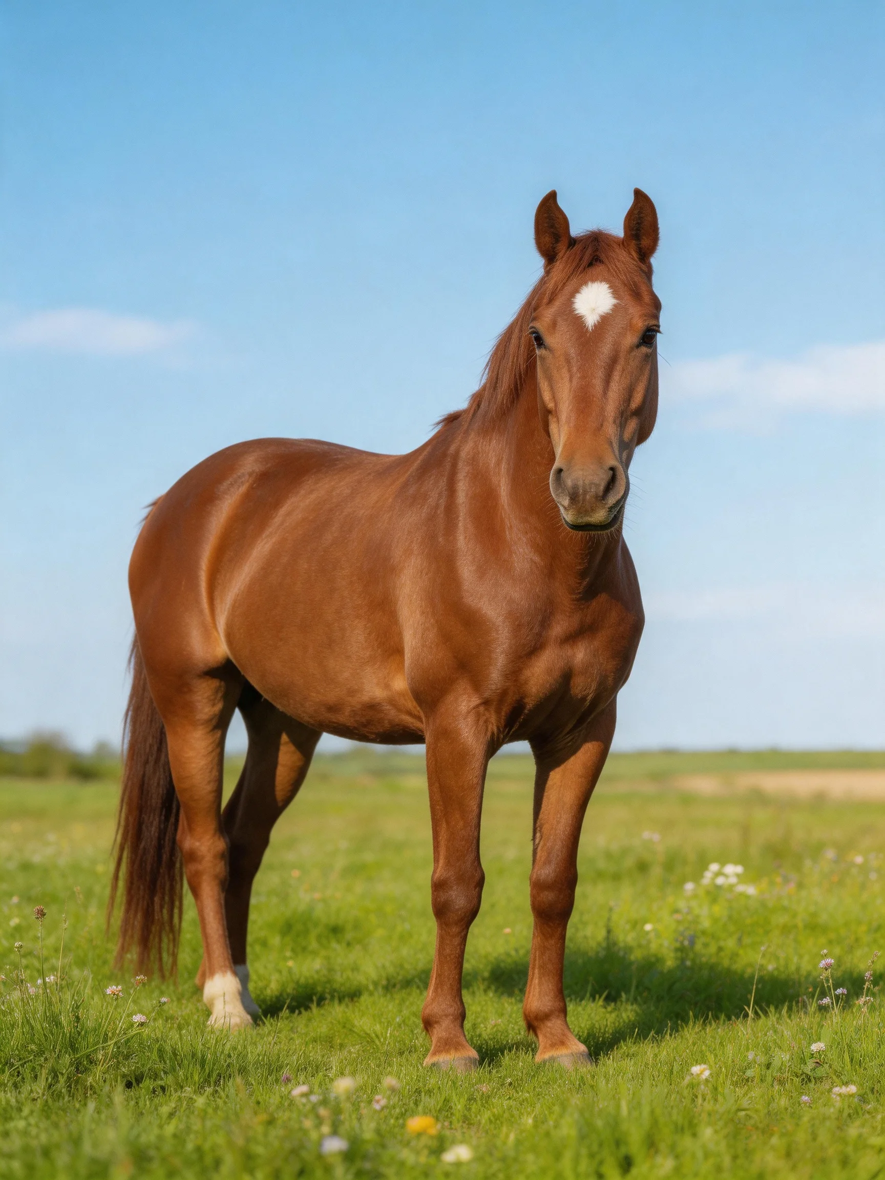 A chestnut horse with a white forehead marking stands in a green meadow