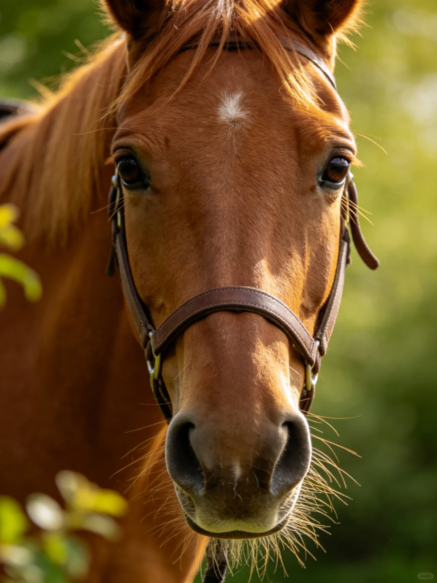 A chestnut horse with a white forehead marking wears a brown bridle near green foliage