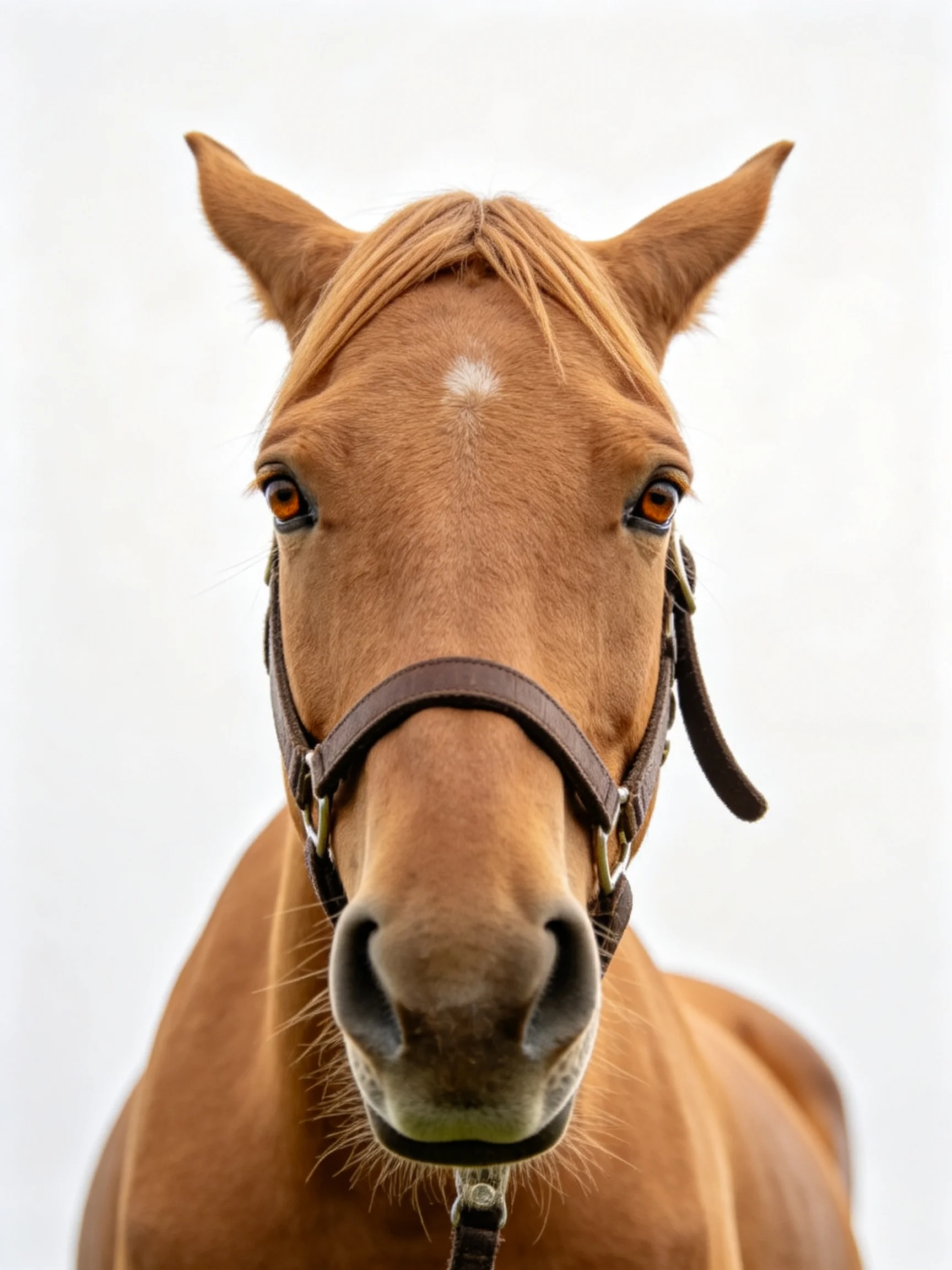 A chestnut horse with a white forehead marking wears a brown halter