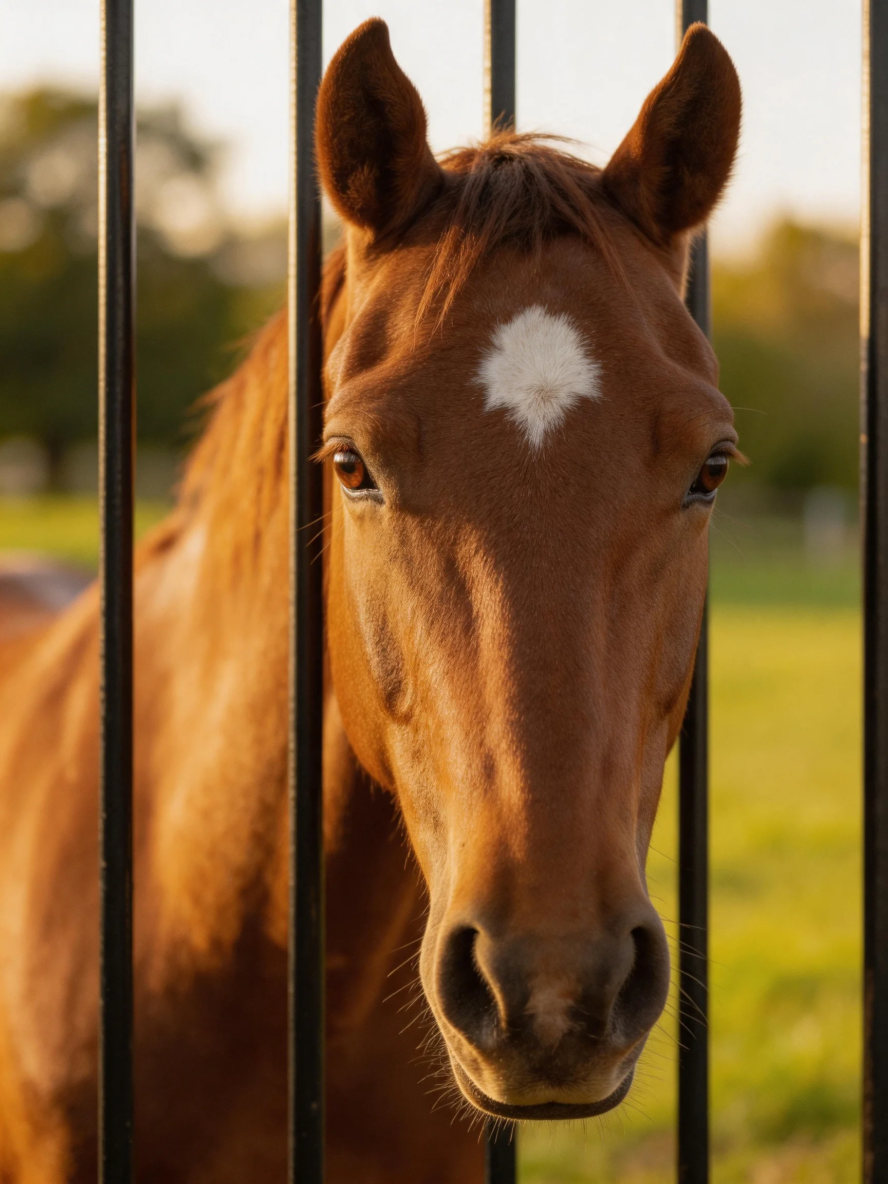 A chestnut horse with a white forehead spot behind black metal bars