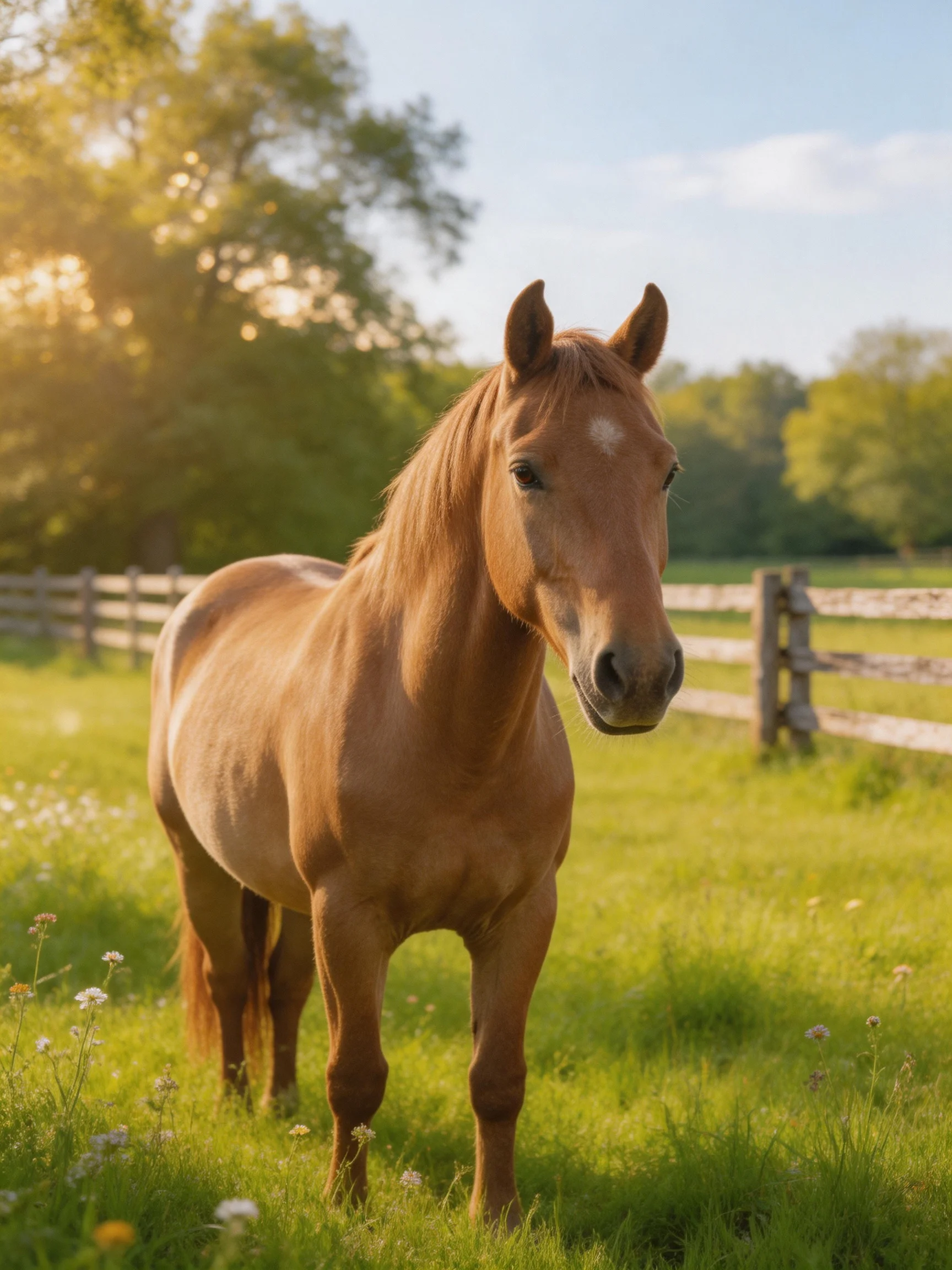 A chestnut horse with a white forehead stands in a sunlit green pasture near a wooden fence