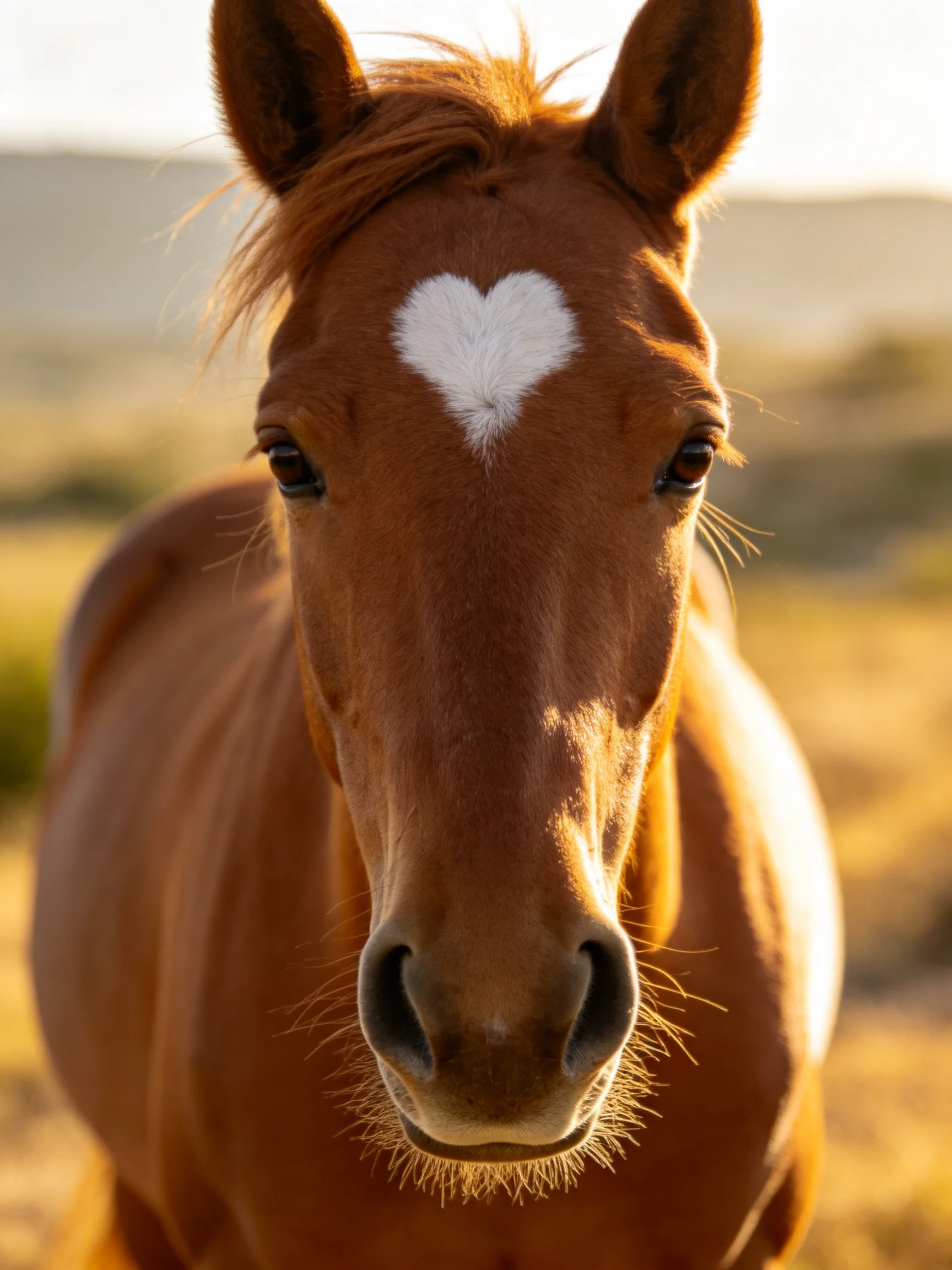 A chestnut horse with a white heart marking stands in a sunlit field.