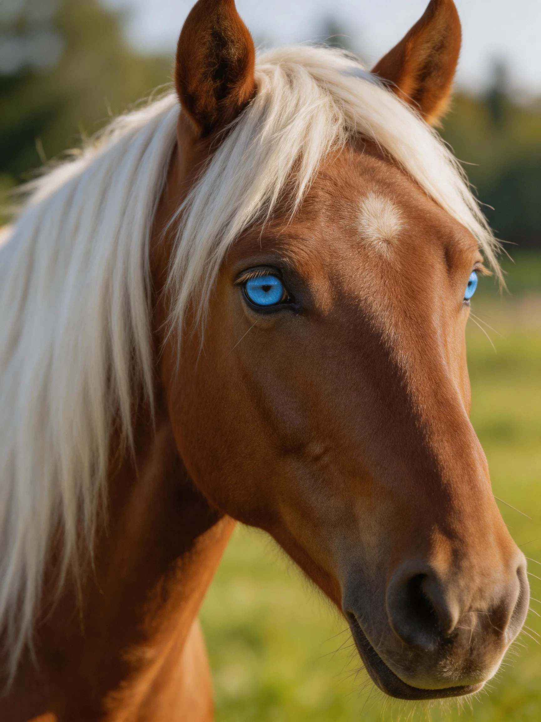 A chestnut horse with a white mane and striking blue eyes in a sunlit field