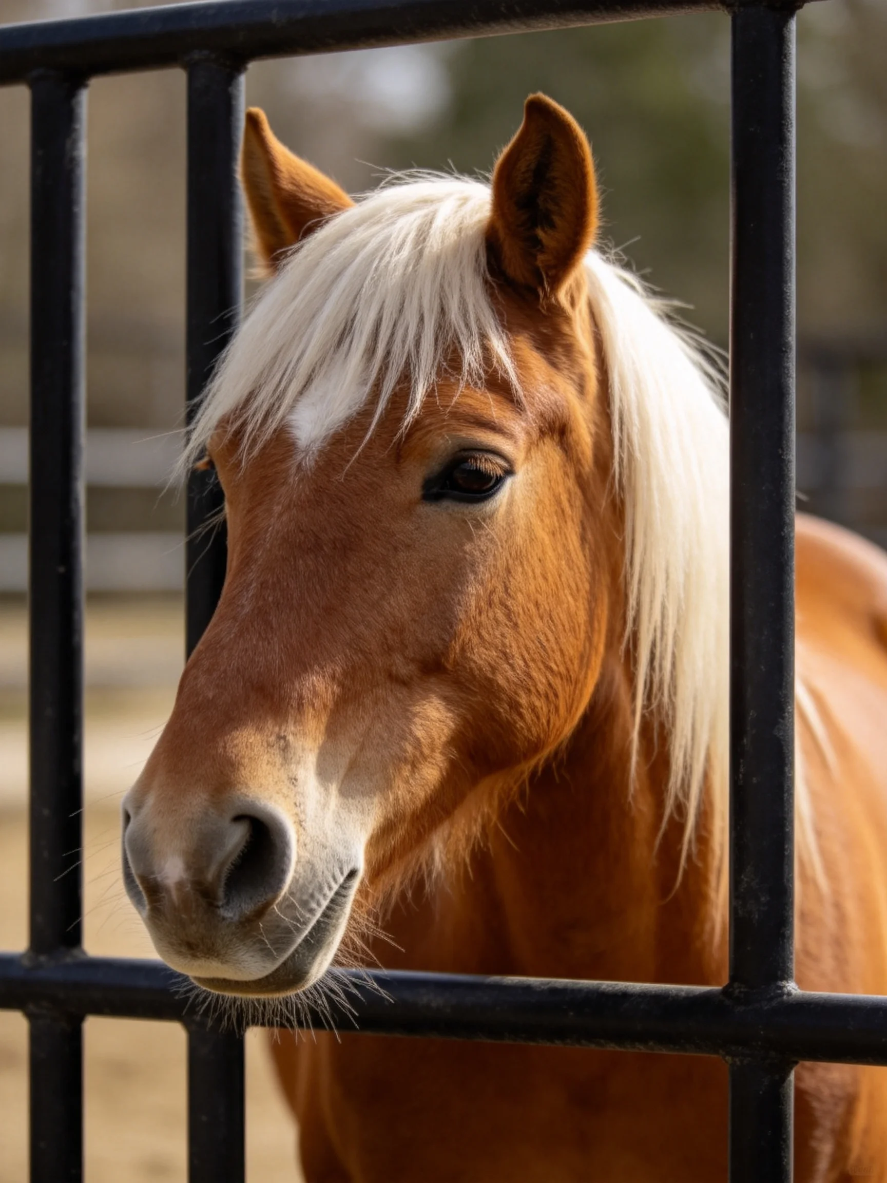 A chestnut horse with a white mane behind a black metal fence