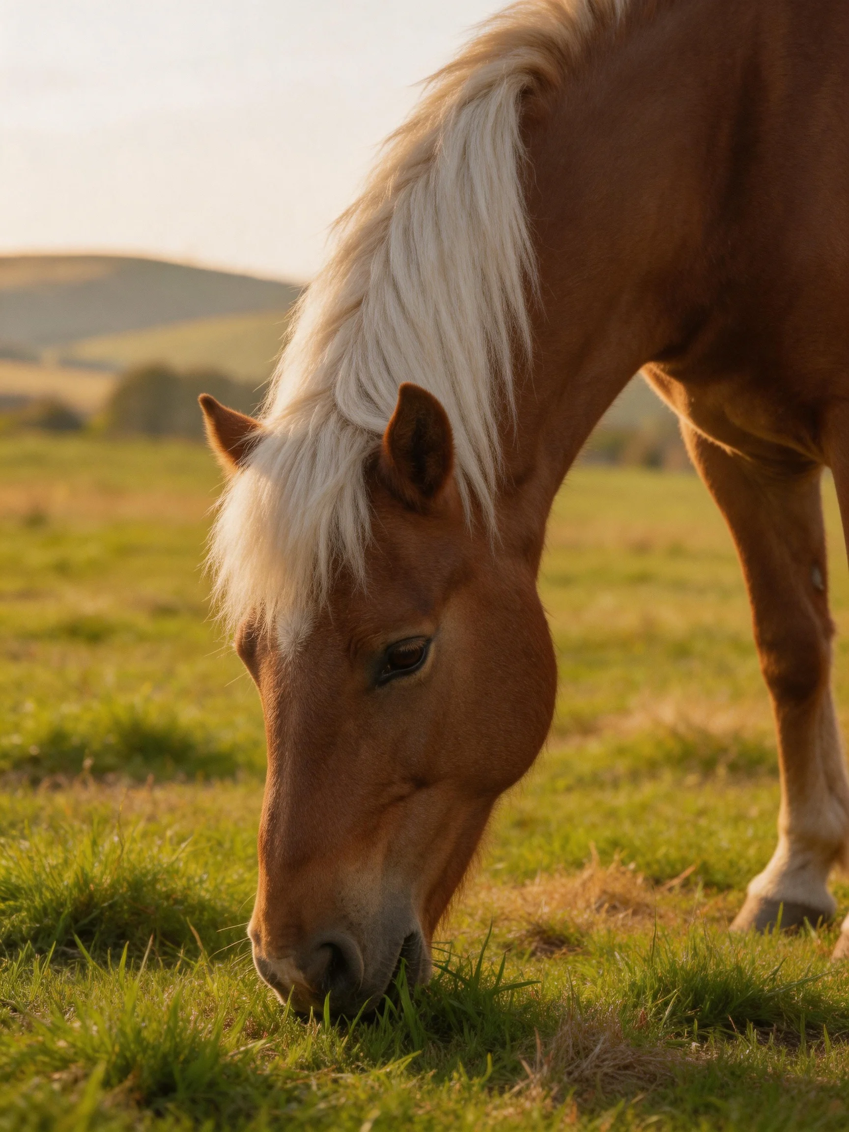 A chestnut horse with a white mane grazing in a sunlit meadow
