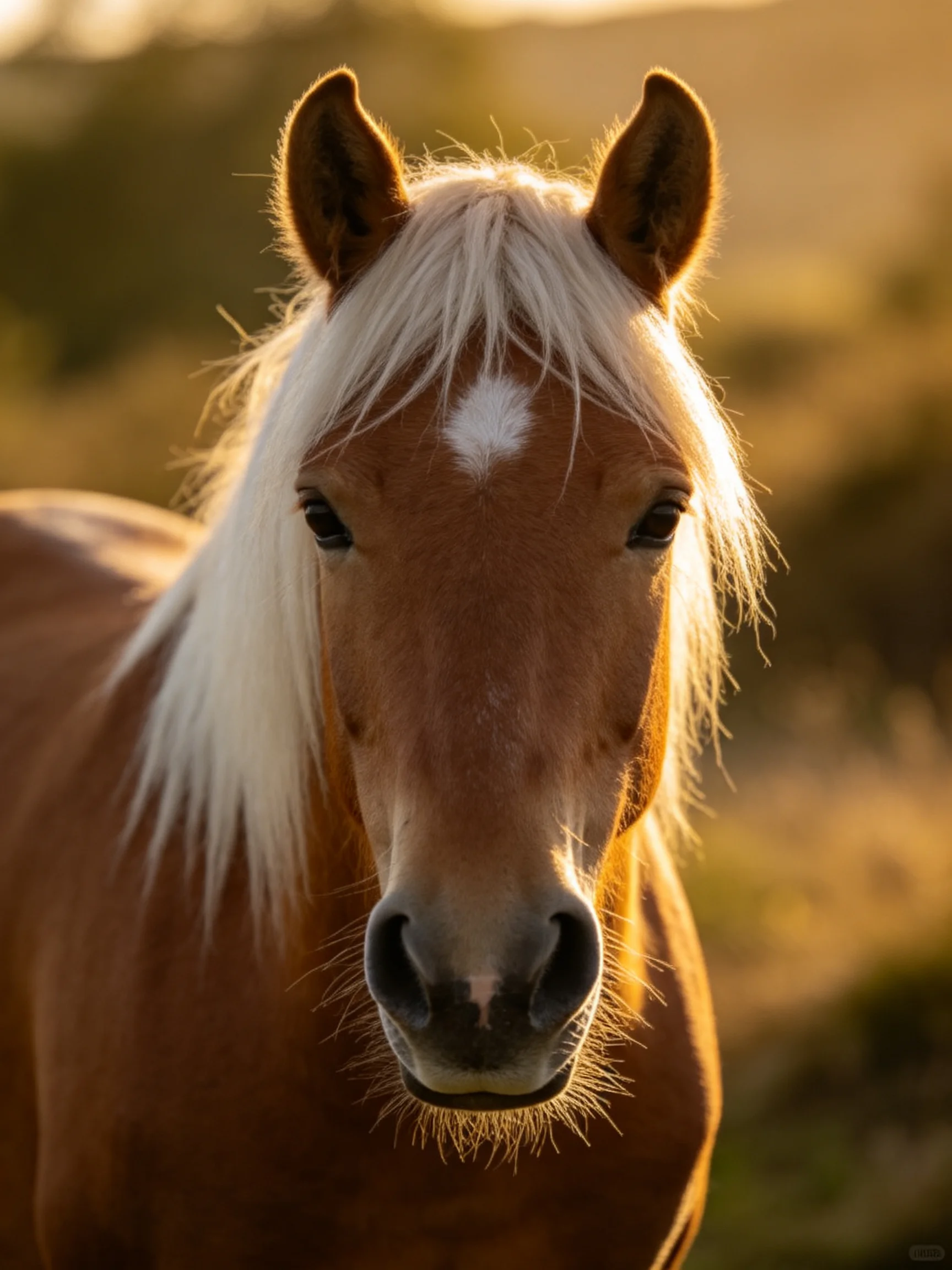 A chestnut horse with a white mane illuminated by golden light.