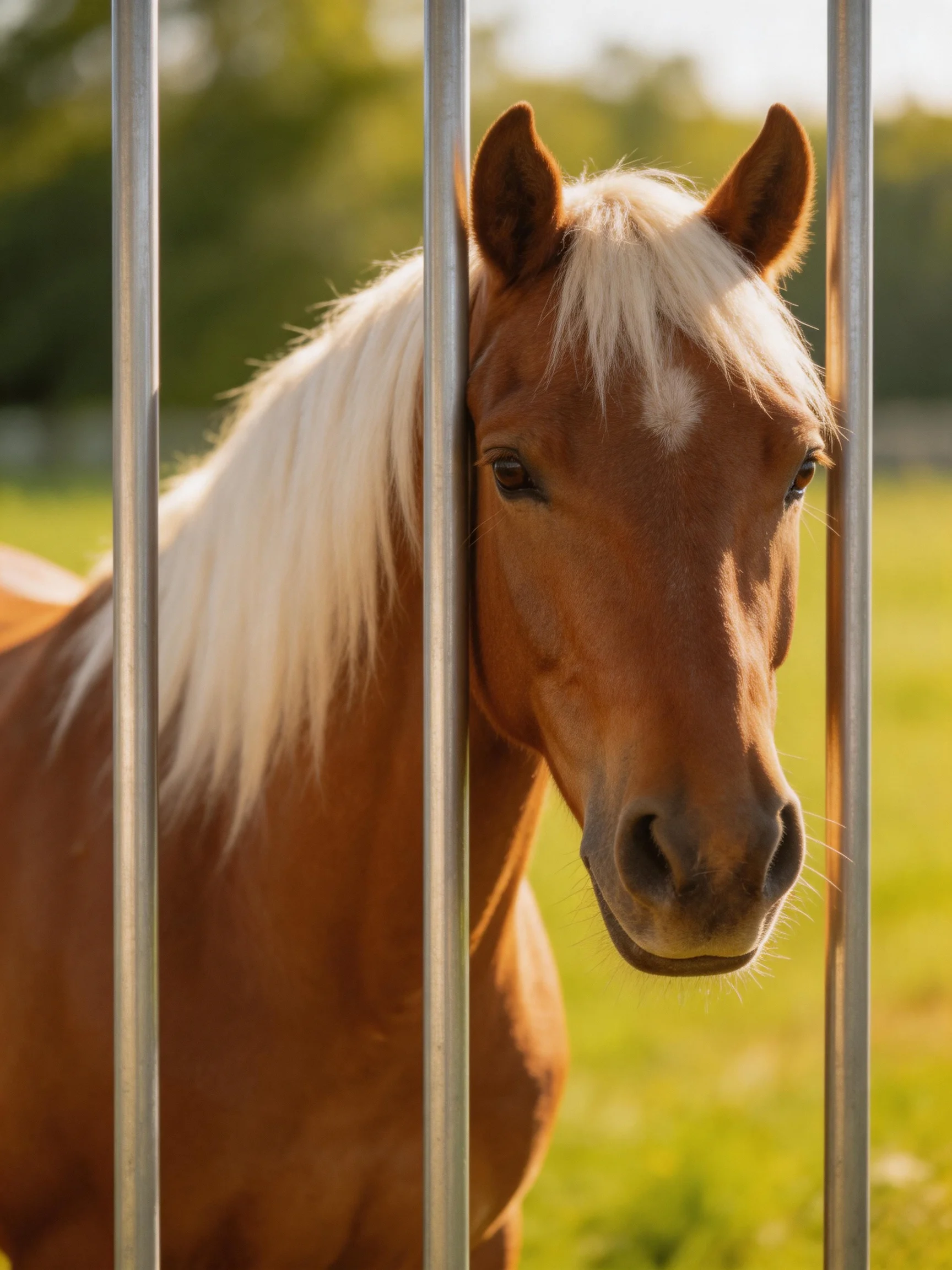 A chestnut horse with a white mane peers through silver fence bars