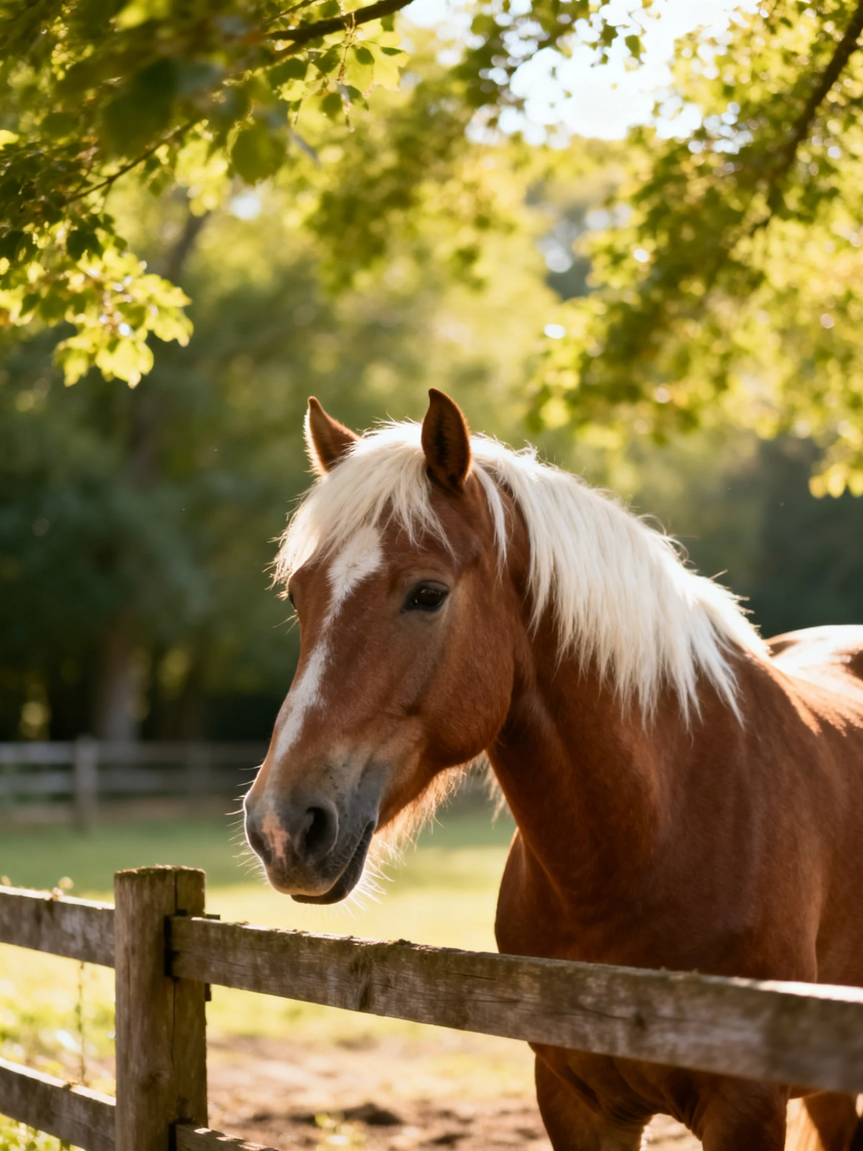 A chestnut horse with a white mane stands by a weathered wooden fence