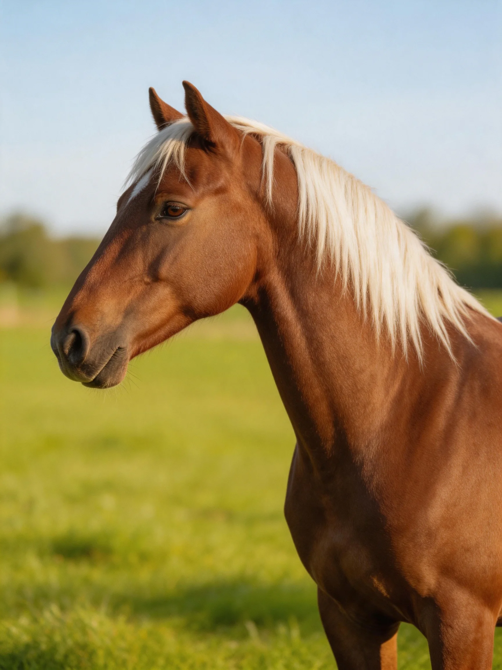 A chestnut horse with a white mane stands in a sunlit green meadow