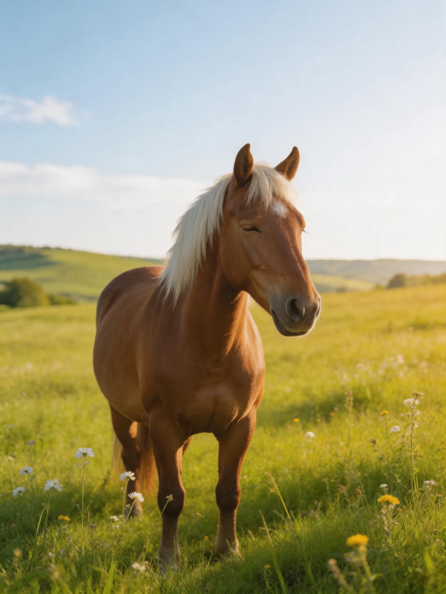 A chestnut horse with a white mane stands in a sunlit meadow