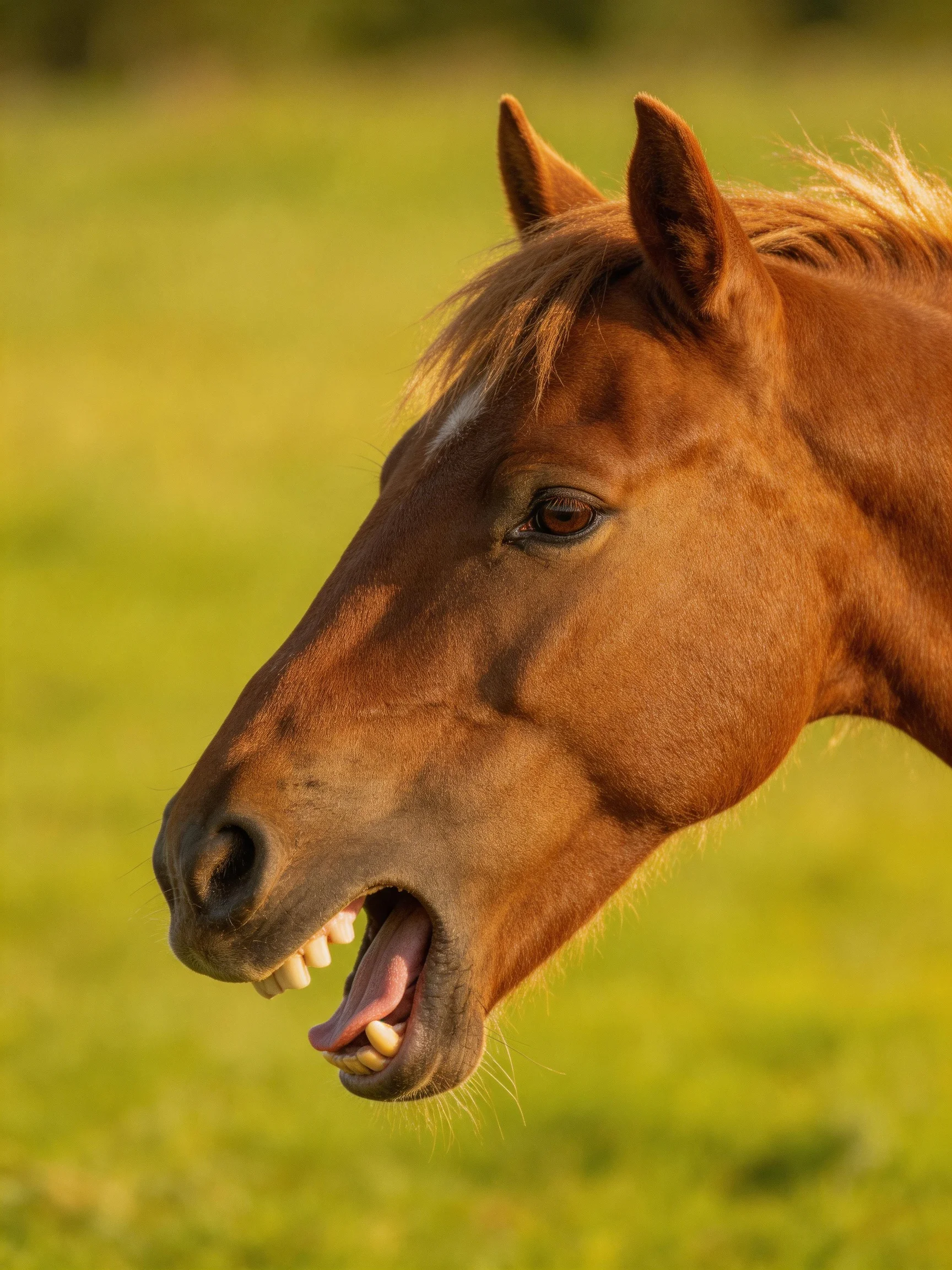 A chestnut horse with a white mark in a sunlit meadow