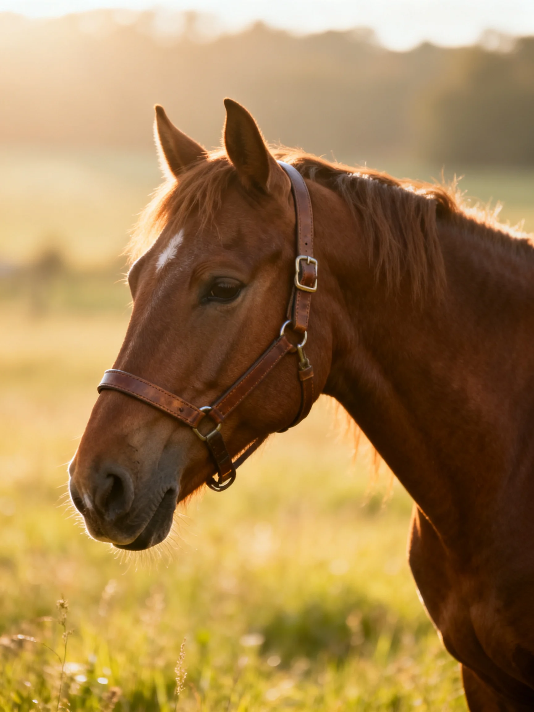 A chestnut horse with a white mark in a sunlit meadow