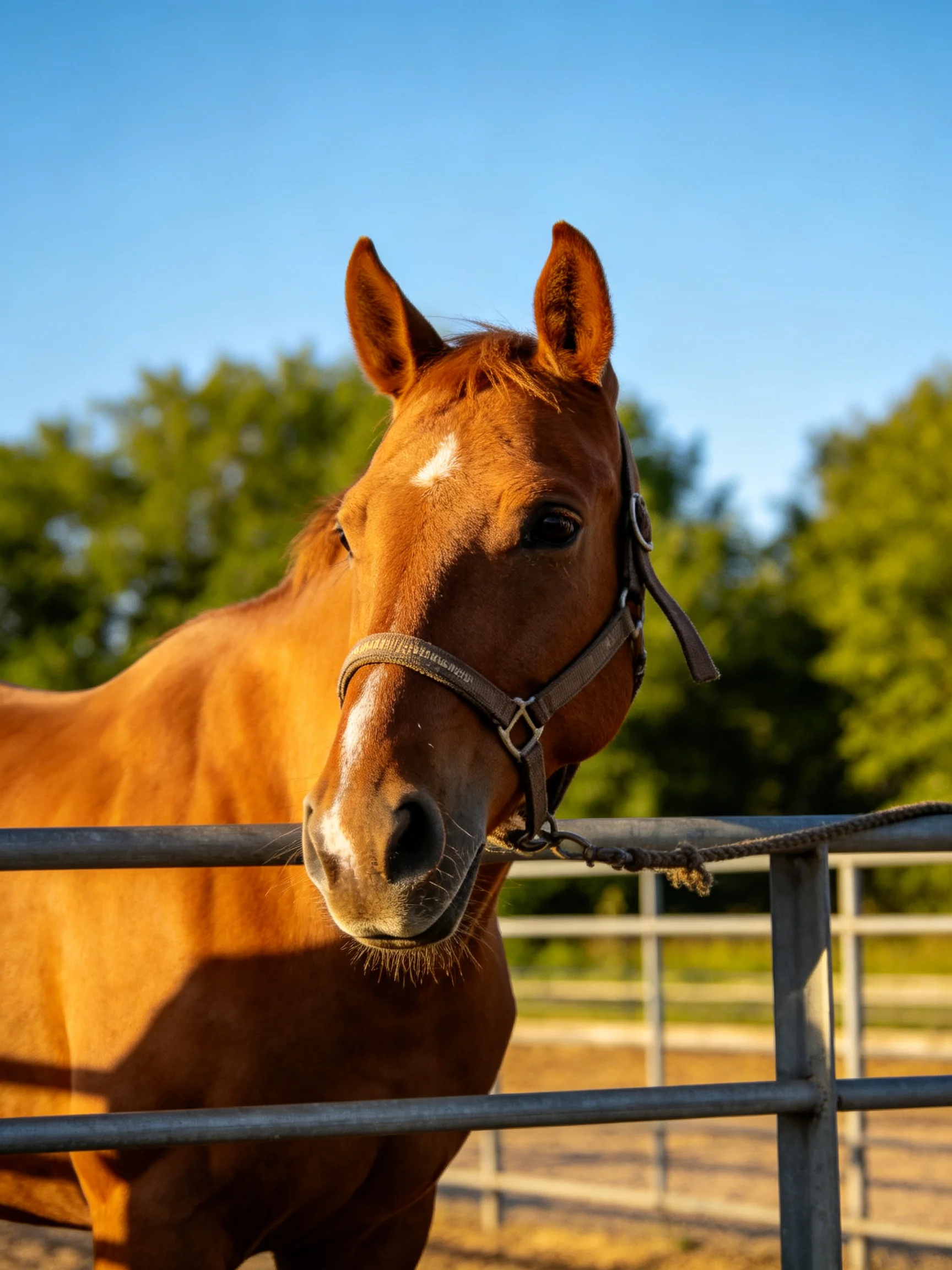 A chestnut horse with a white marking near a metal fence