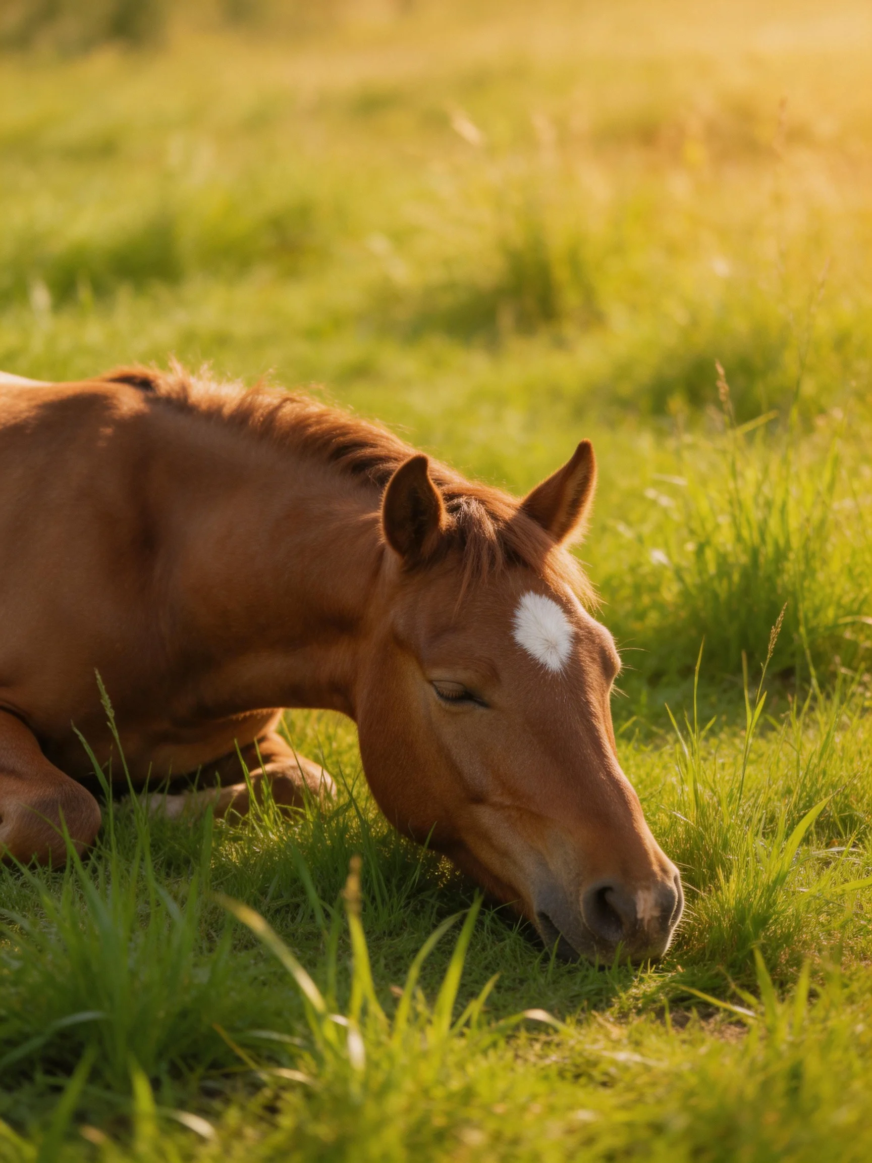 A chestnut horse with a white marking rests in sunlit green grass