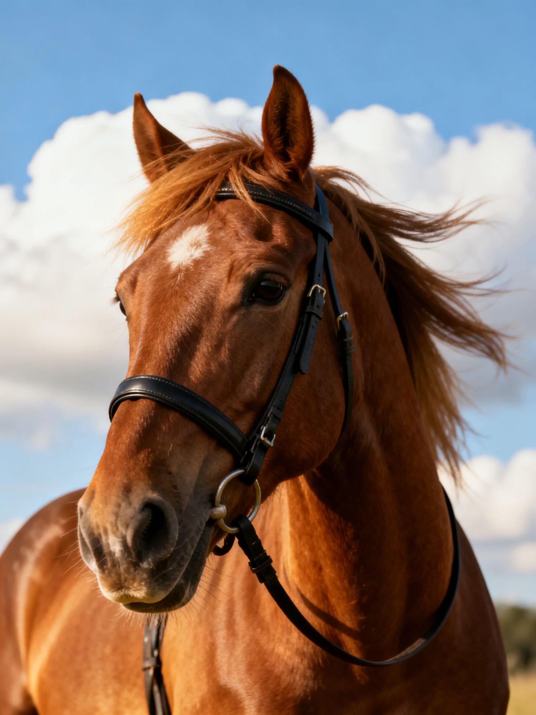 A chestnut horse with a white marking wears a black bridle under a bright sky