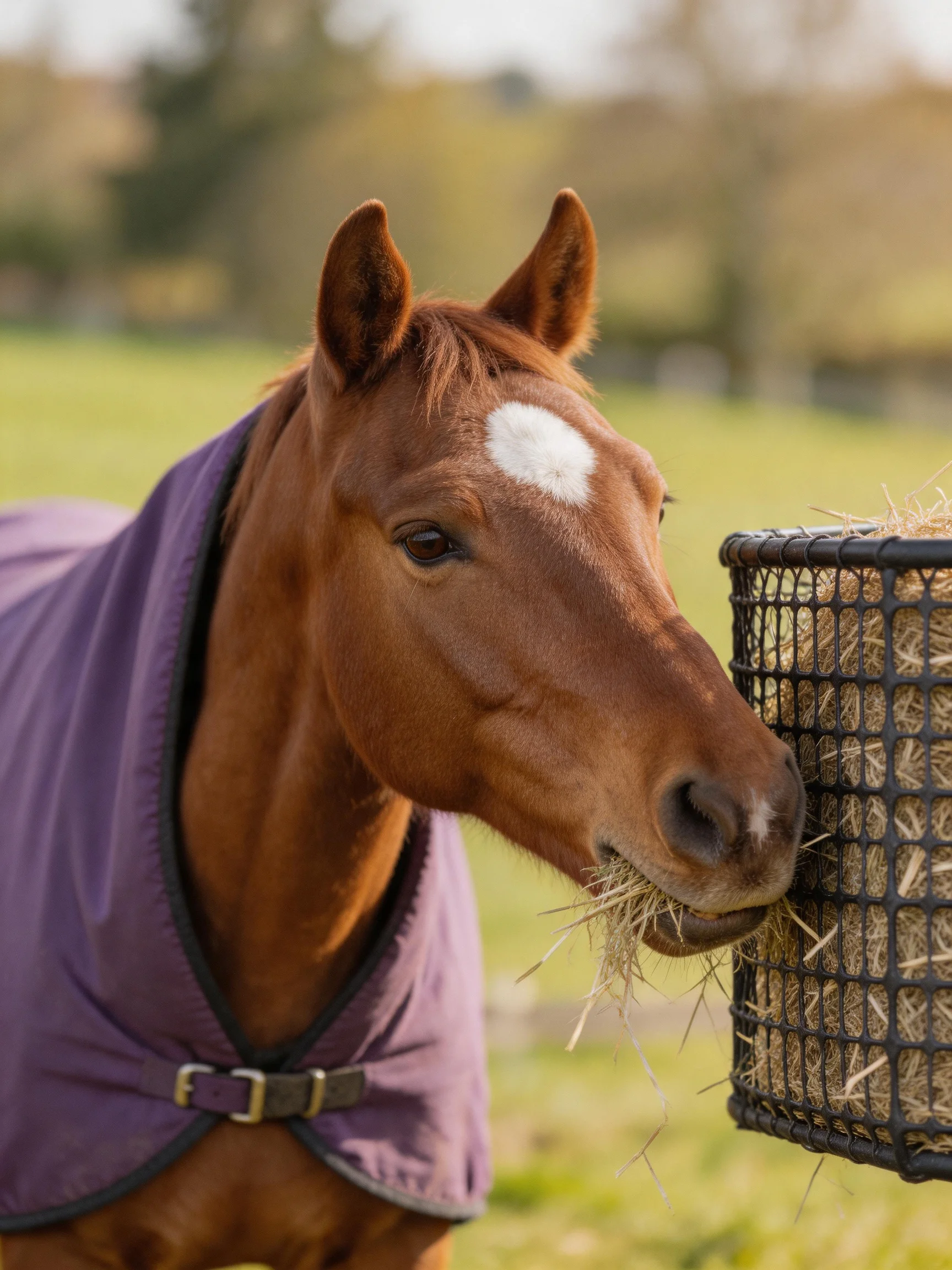 A chestnut horse with a white marking wears a purple blanket near a black hay feeder