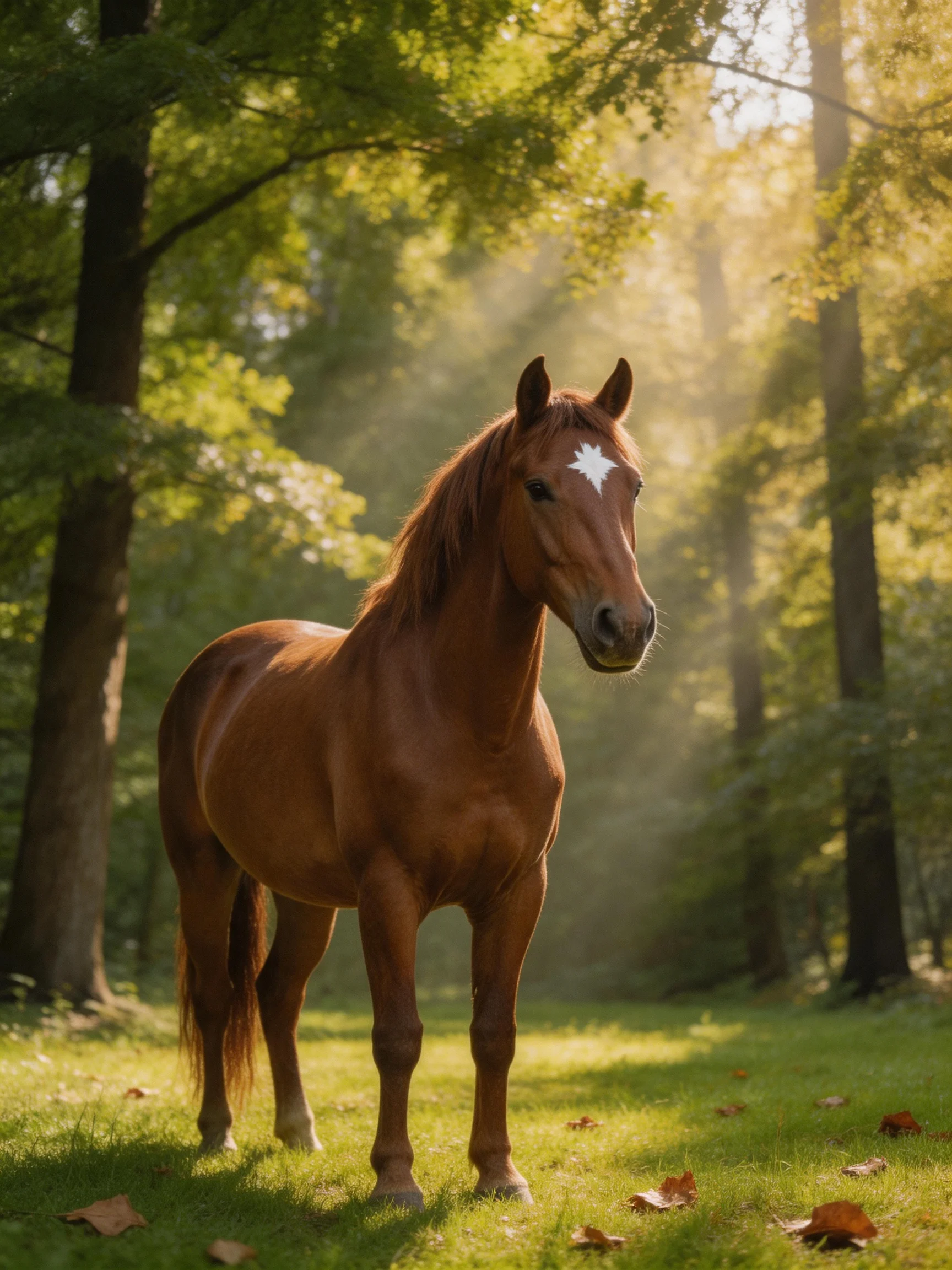 A chestnut horse stands in a sunlit forest clearing