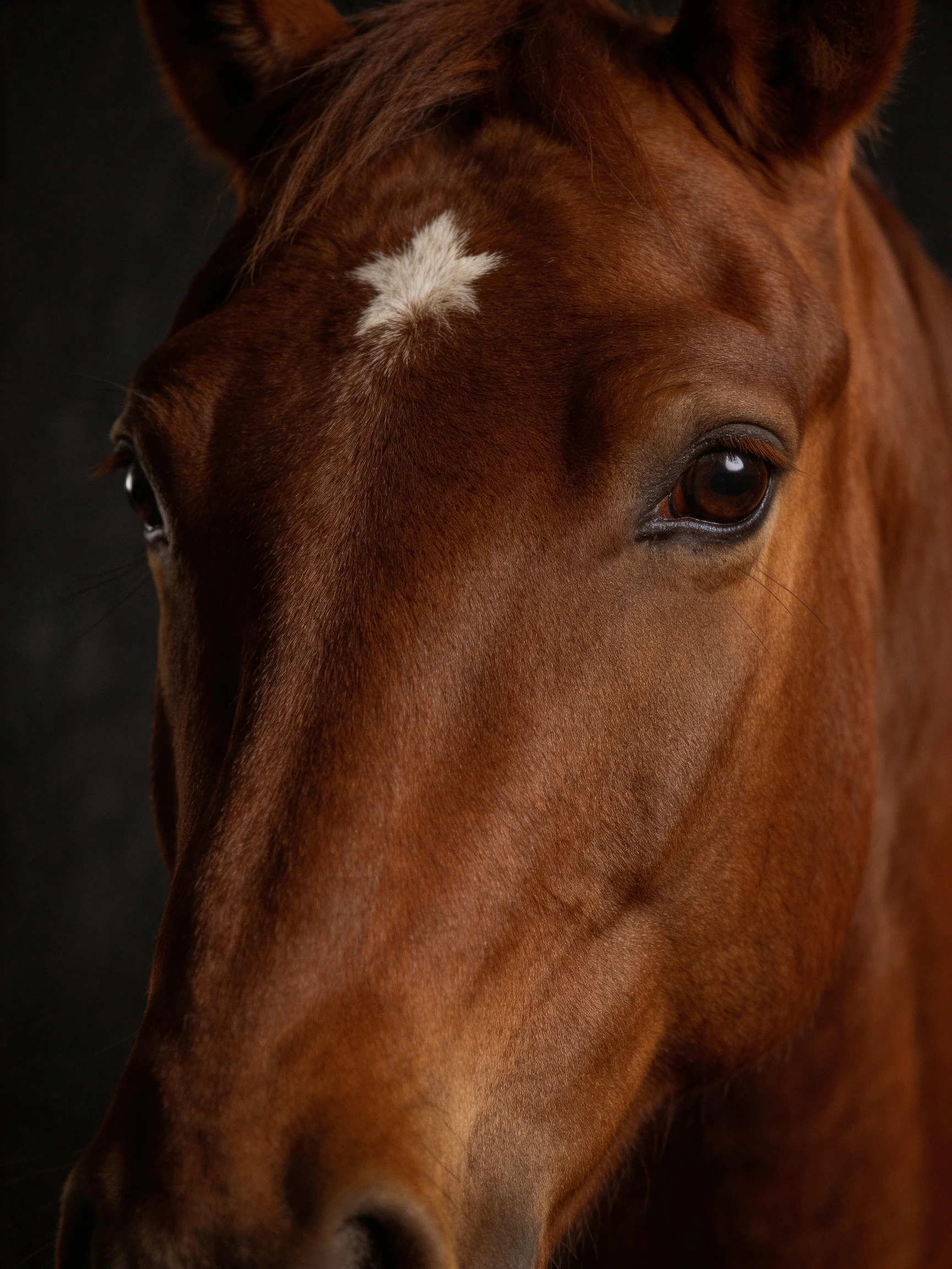 A chestnut horse with a white star marking is shown in a close - up photograph.