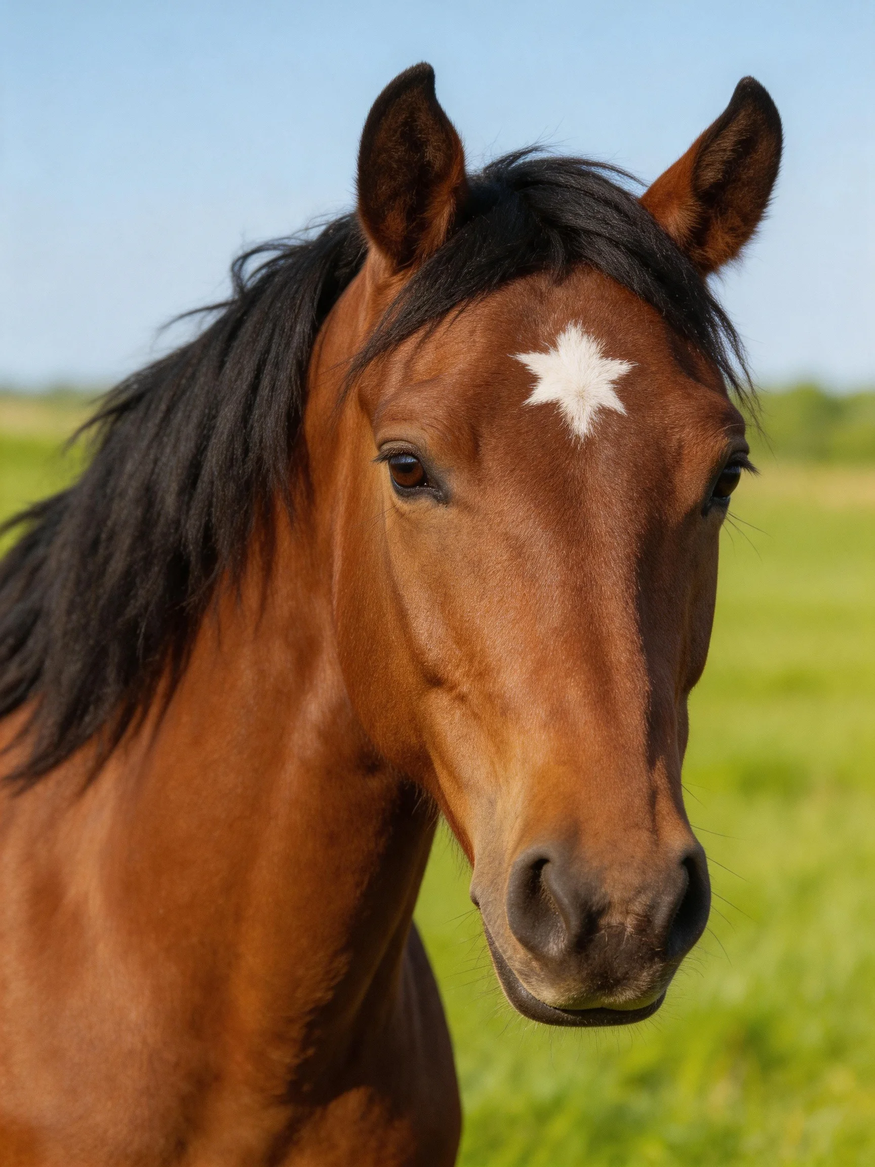 A chestnut horse with a white star stands in a sunlit green meadow.