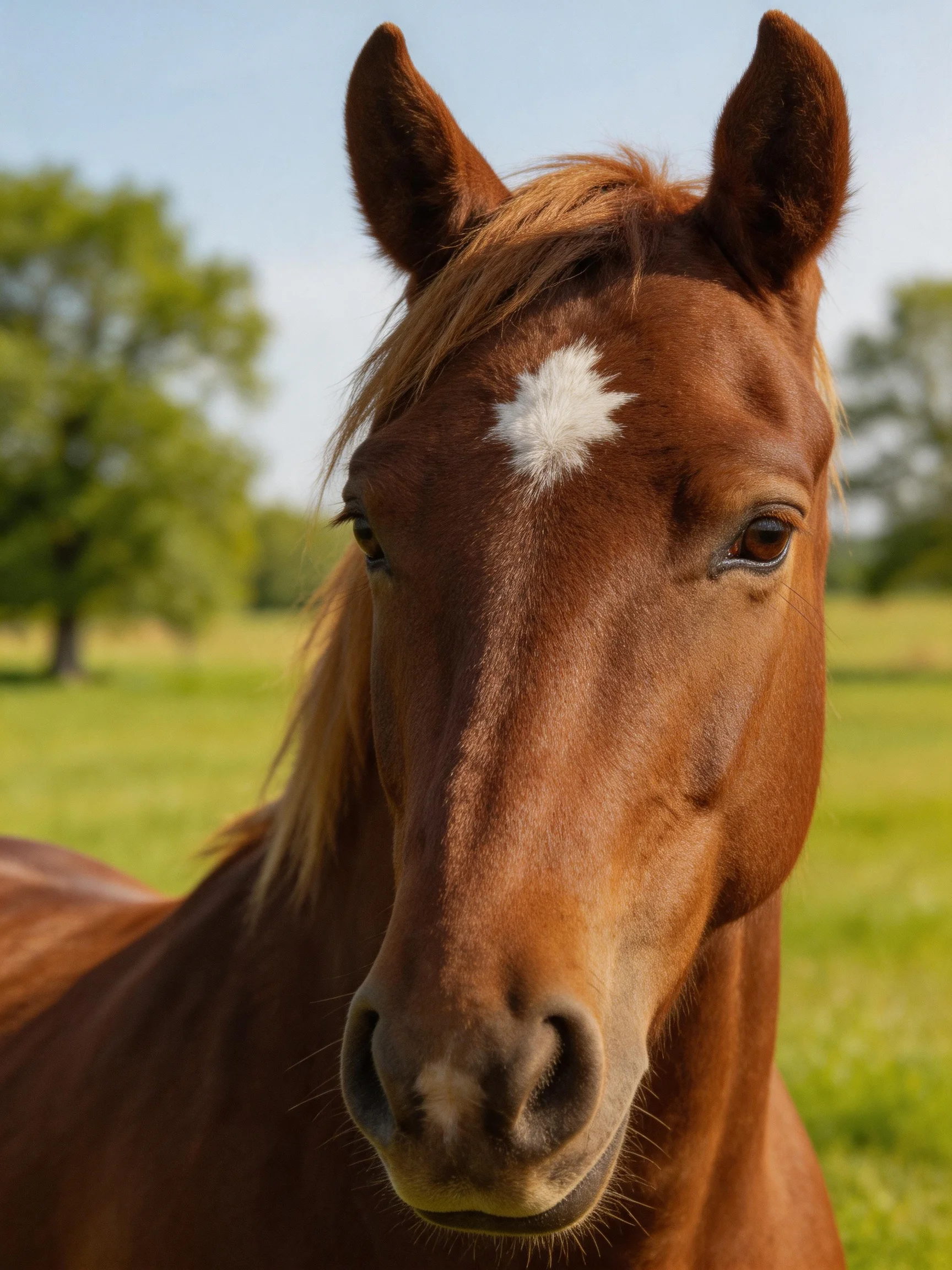 A chestnut horse with a white facial marking stands in a sunlit open field.