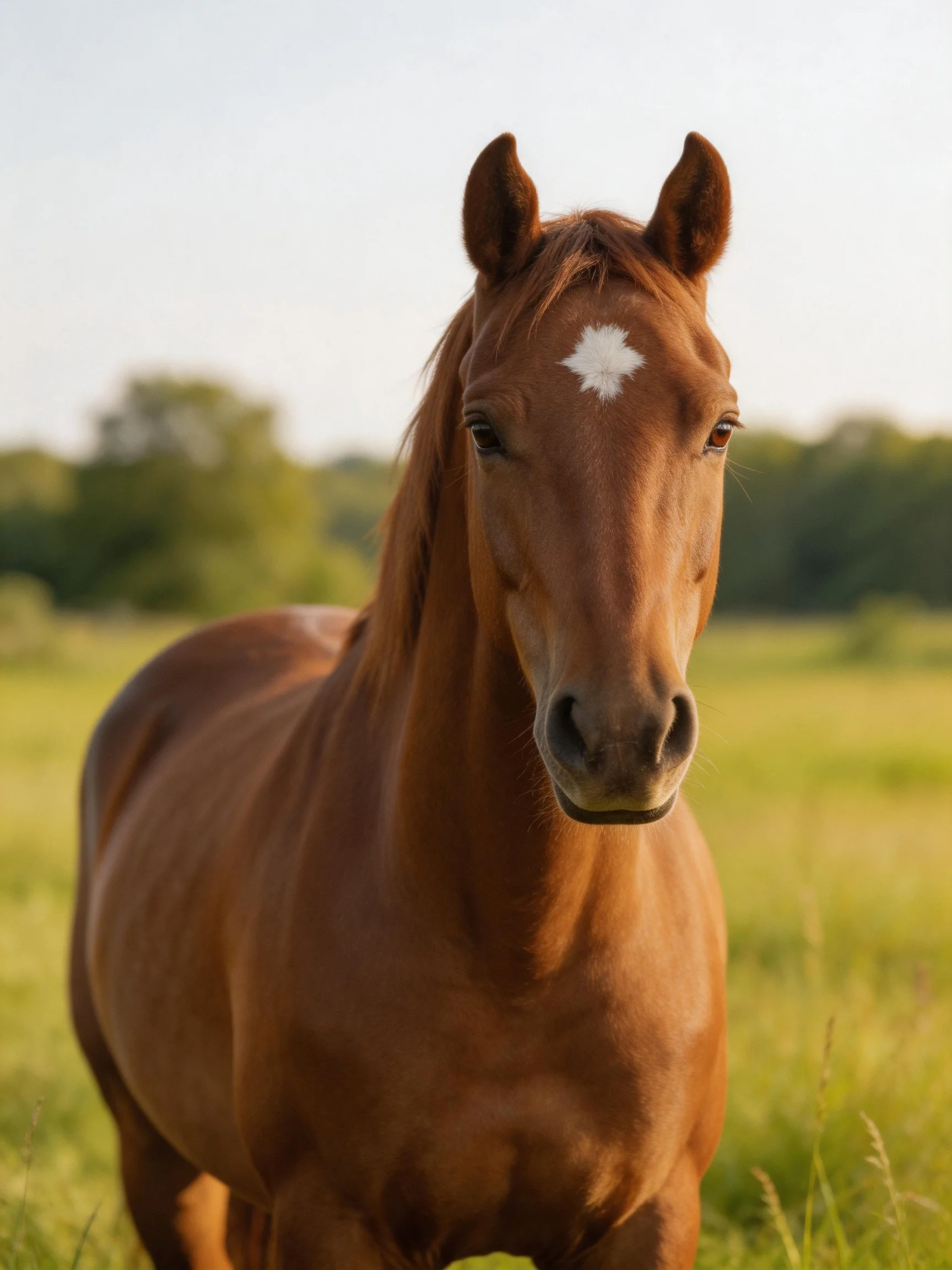 A chestnut horse with a white star marking in a sunlit meadow