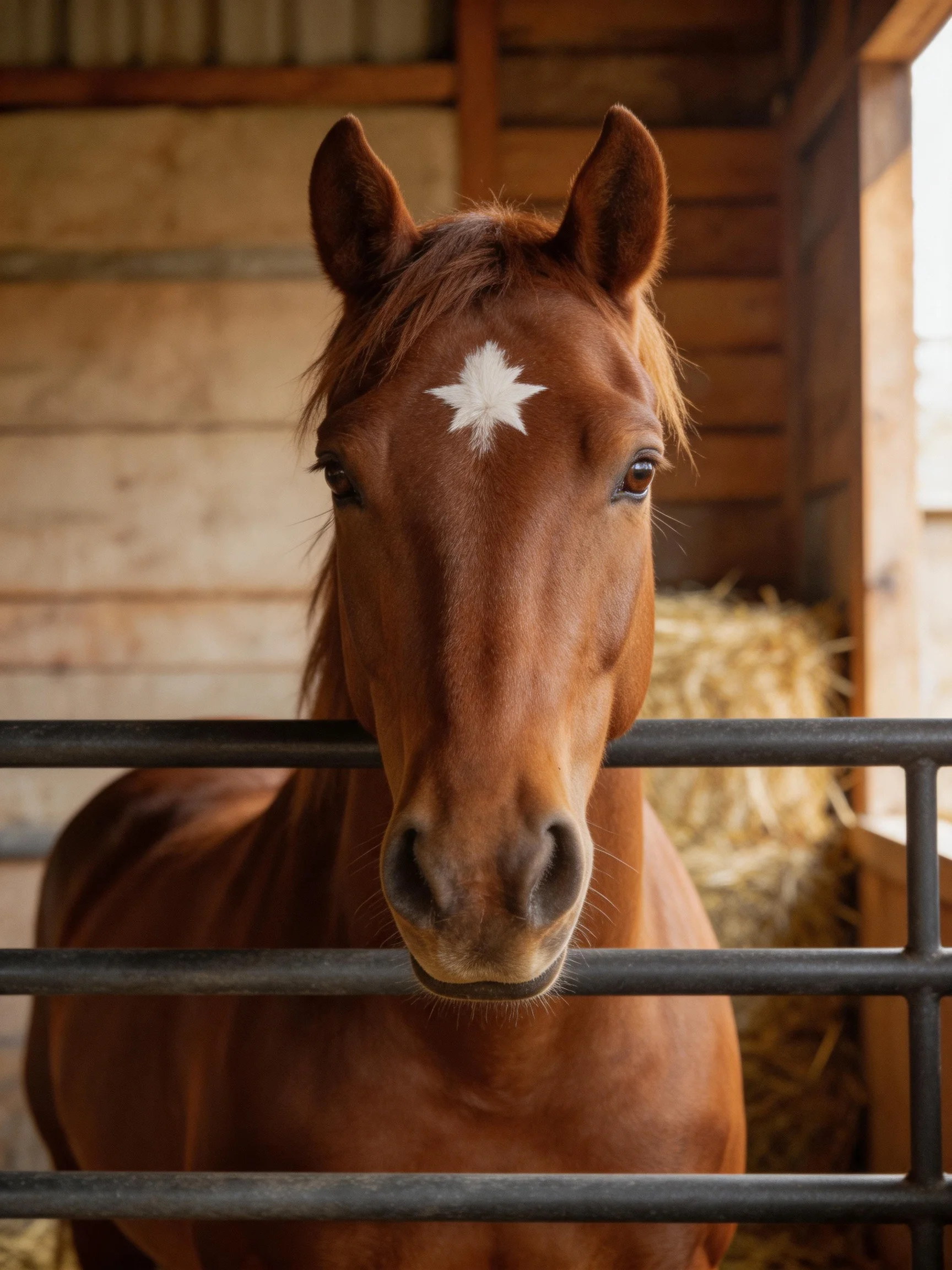A chestnut horse with a white star marking stands near hay in a stable.