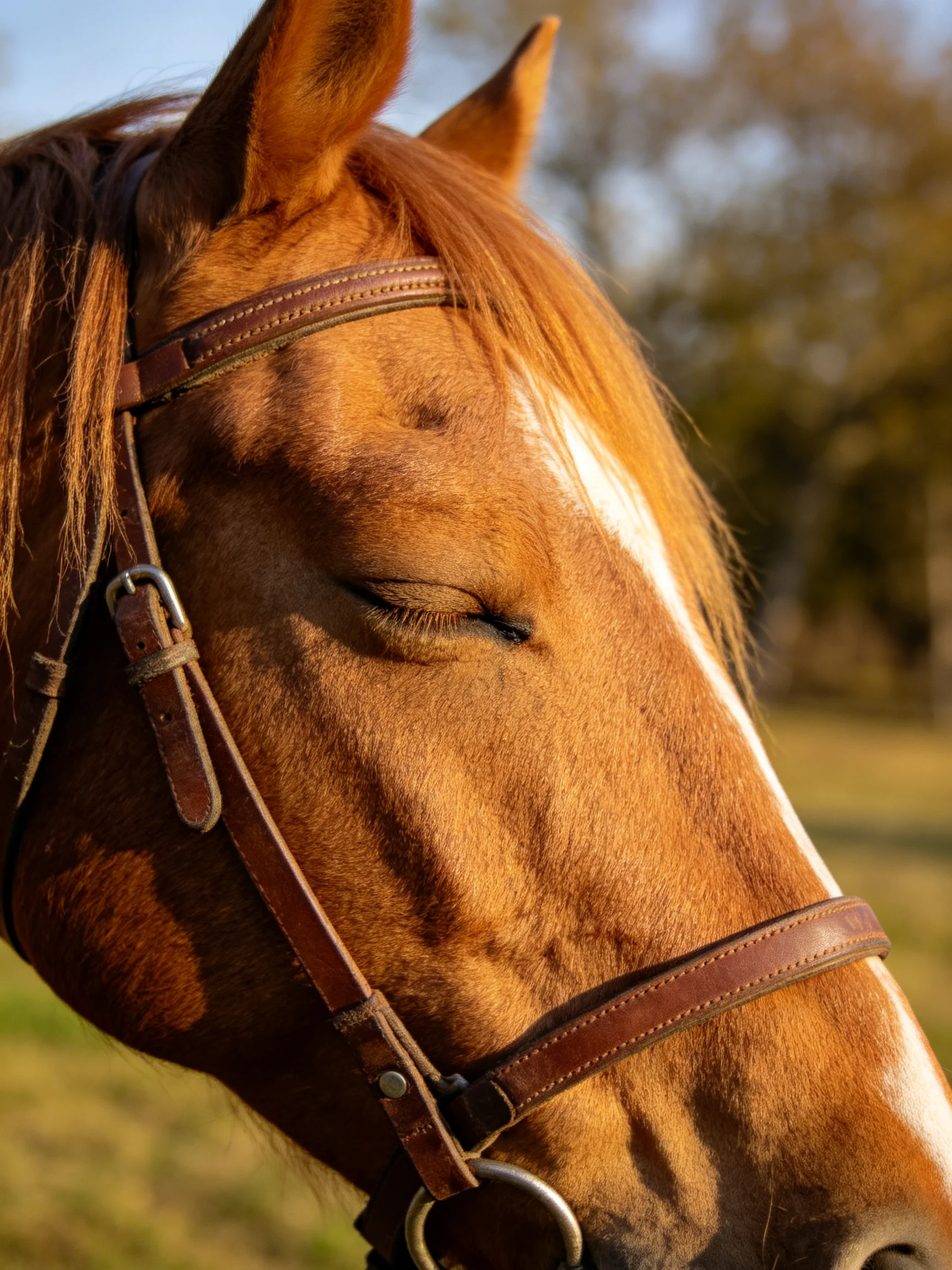 A chestnut horse with a white stripe wears a brown leather bridle