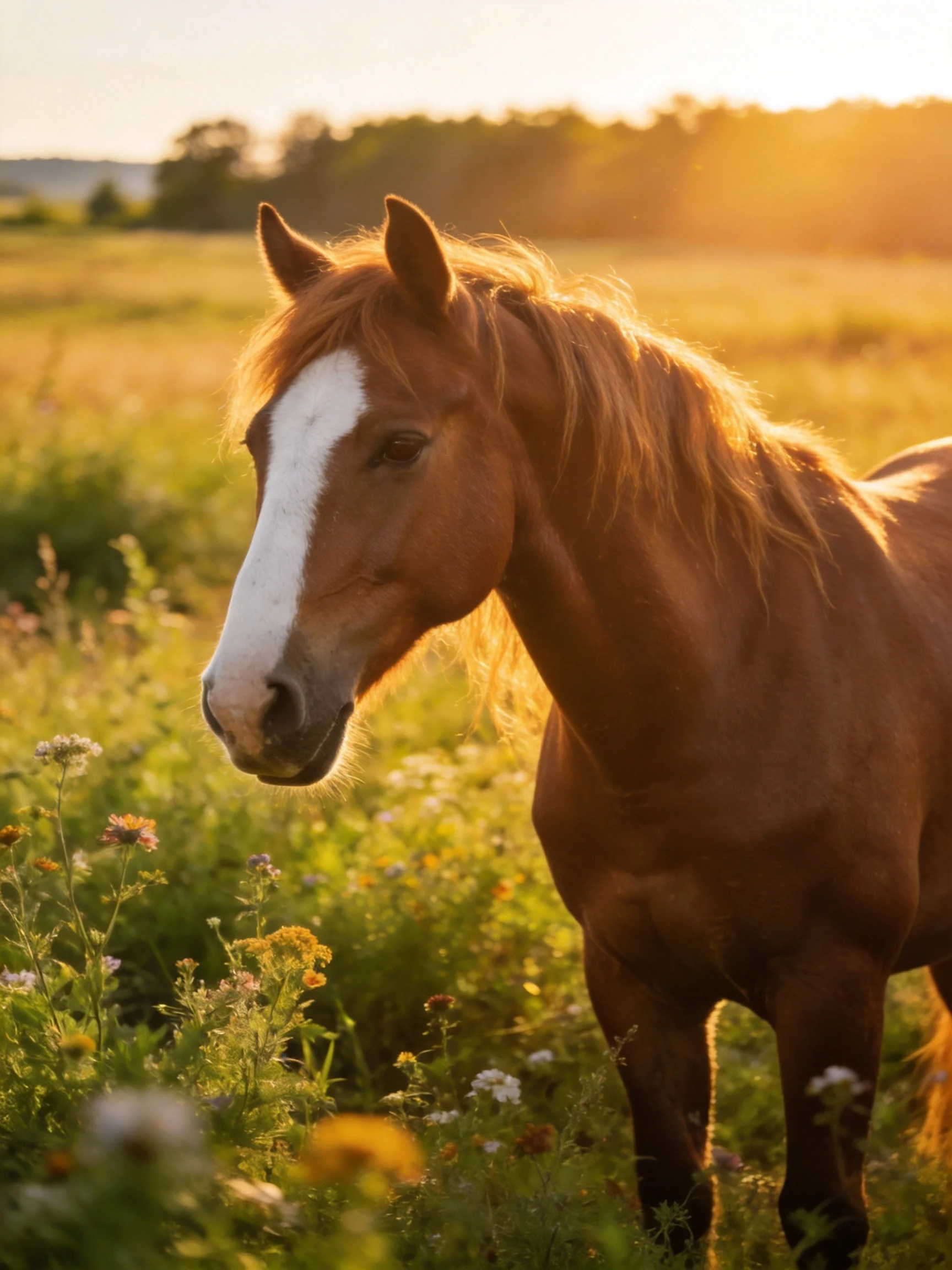A chestnut horse with a whiteblaze stands in a sunlit meadow of wildflowers