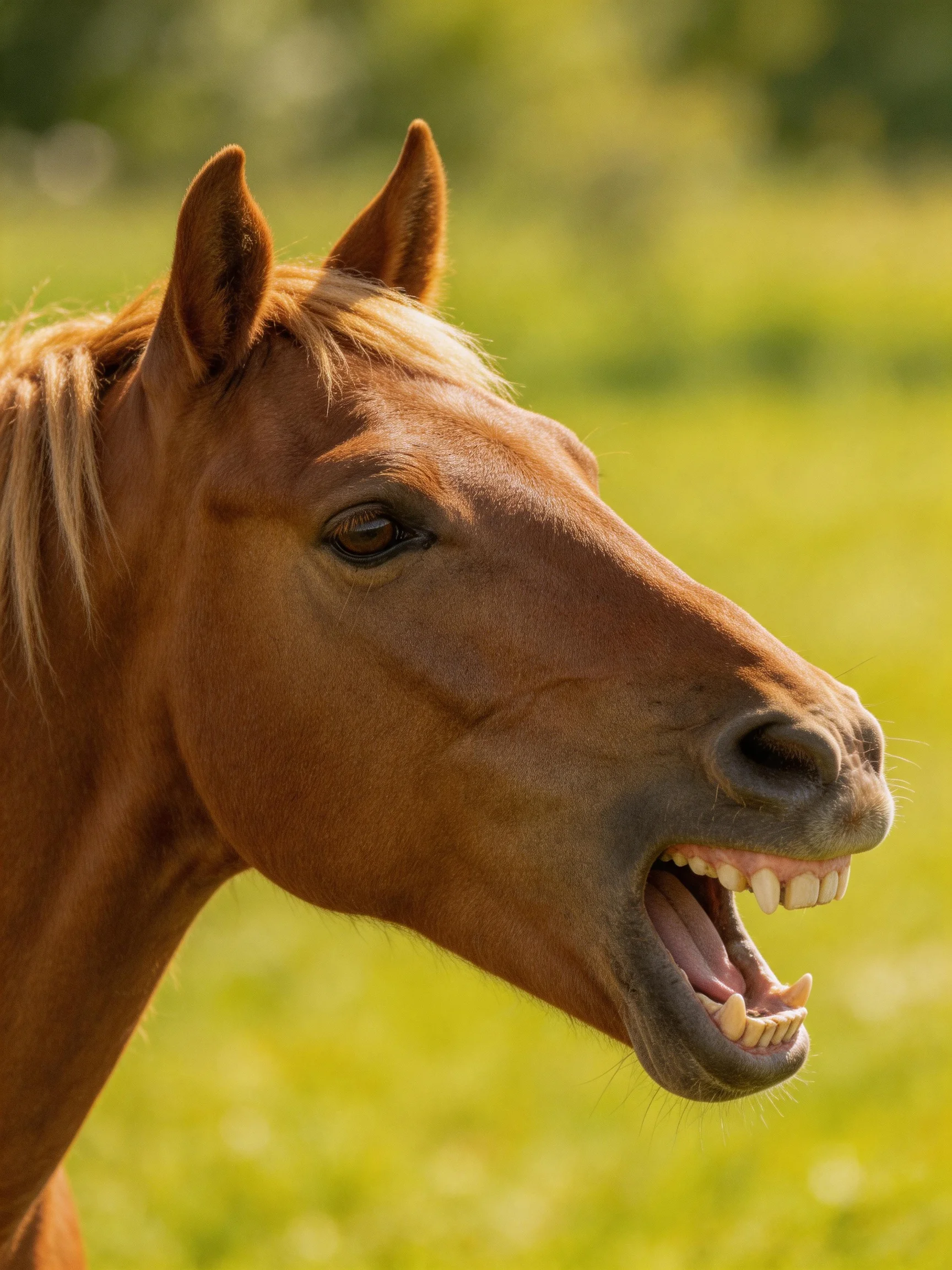 A chestnut horse with an open mouth in a sunlit green meadow