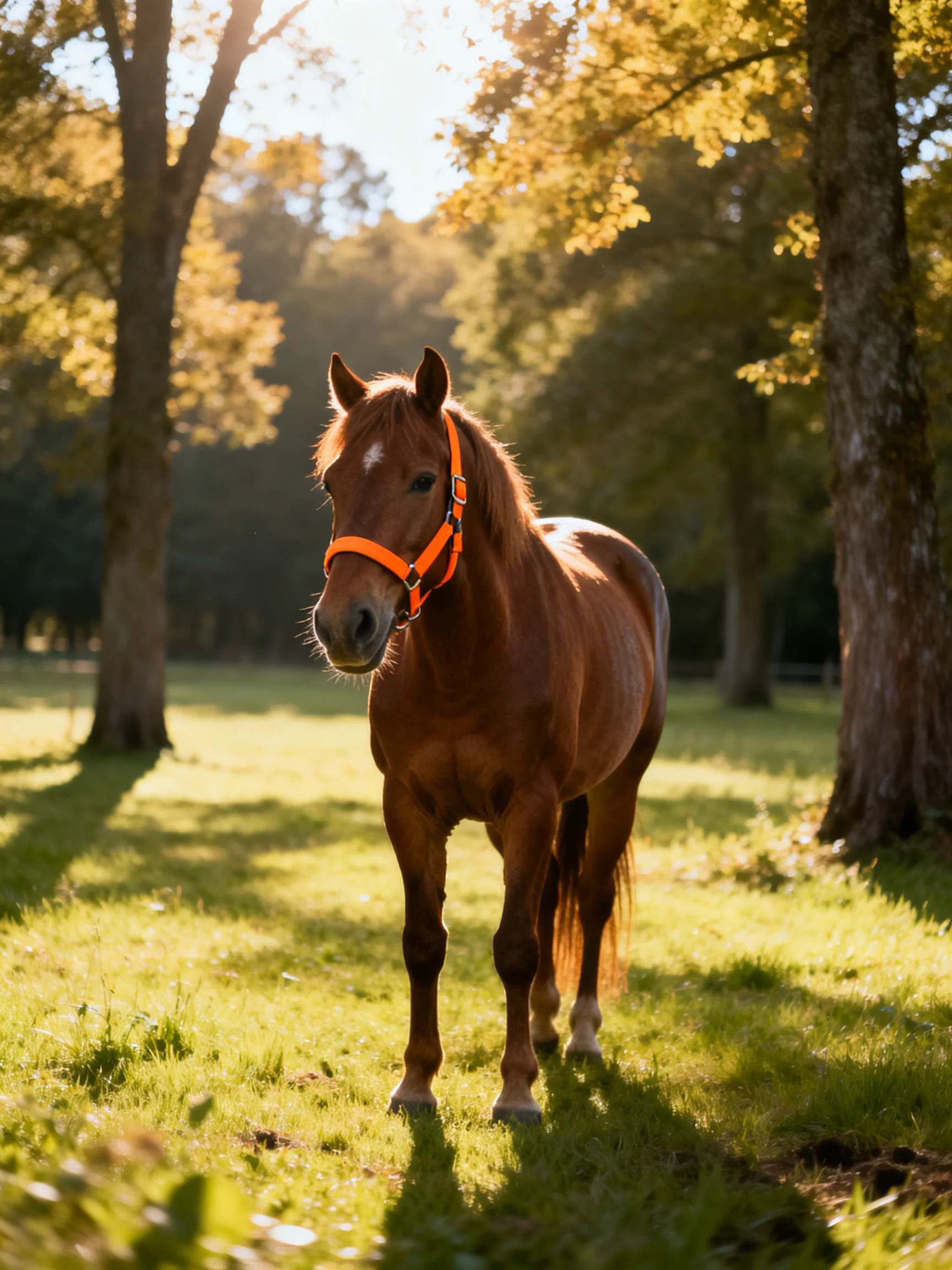 A chestnut horse with an orange halter in a sunlit wooded meadow