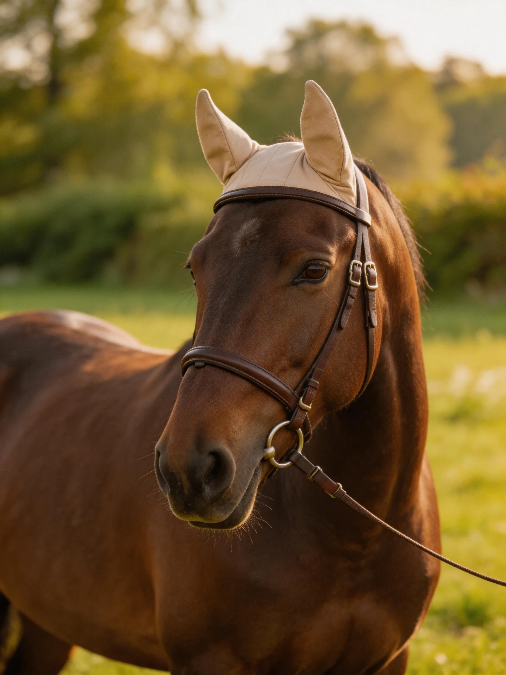 A chestnut horse with beige ear covers in a sunlit meadow