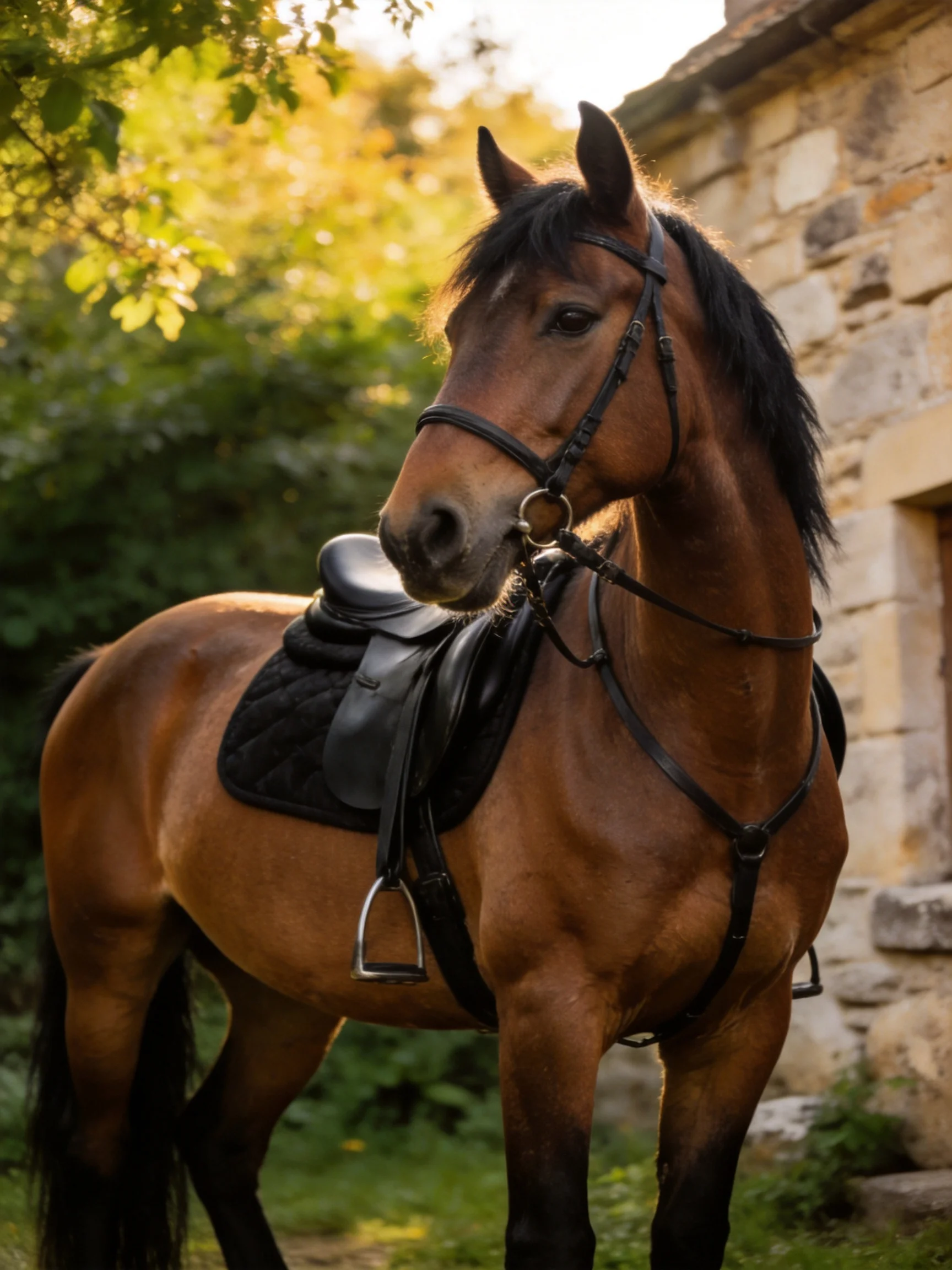 A chestnut horse with black mane near a stone building
